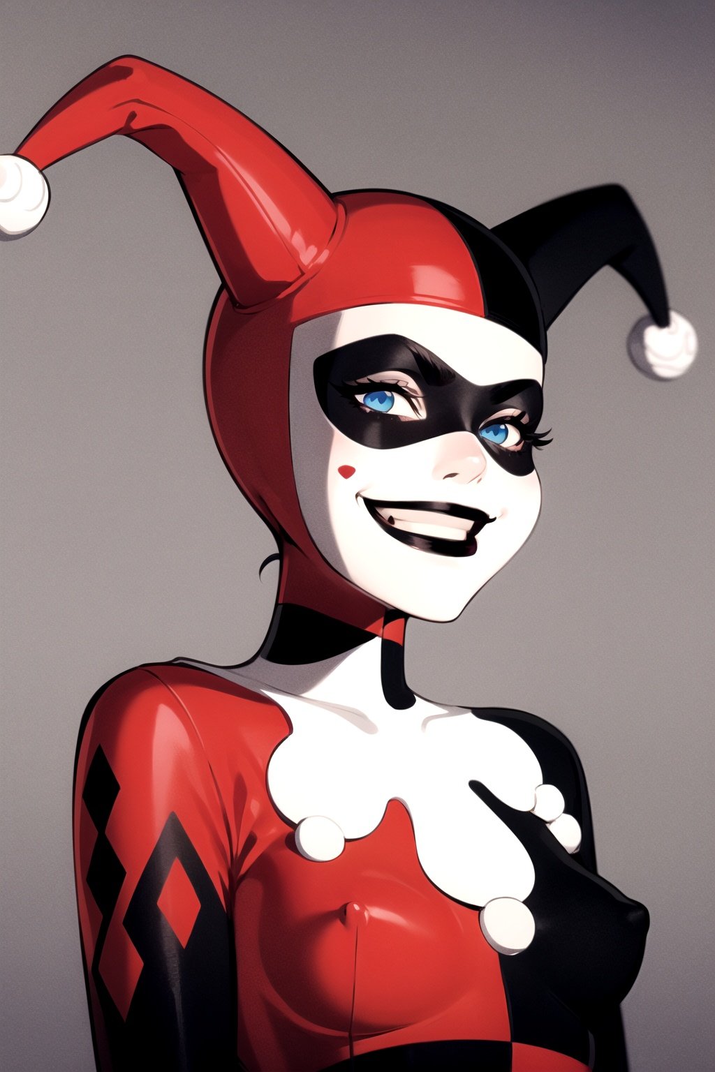 masterpiece, best quality, 1girl, hq1992, blue eyes, black bodysuit, red bodysuit, breasts, domino mask, evil smile, facepaint, gloves, grin,  jester cap, looking at viewer, solo, upper body,  solid grey background <lora:HQ1992:1>