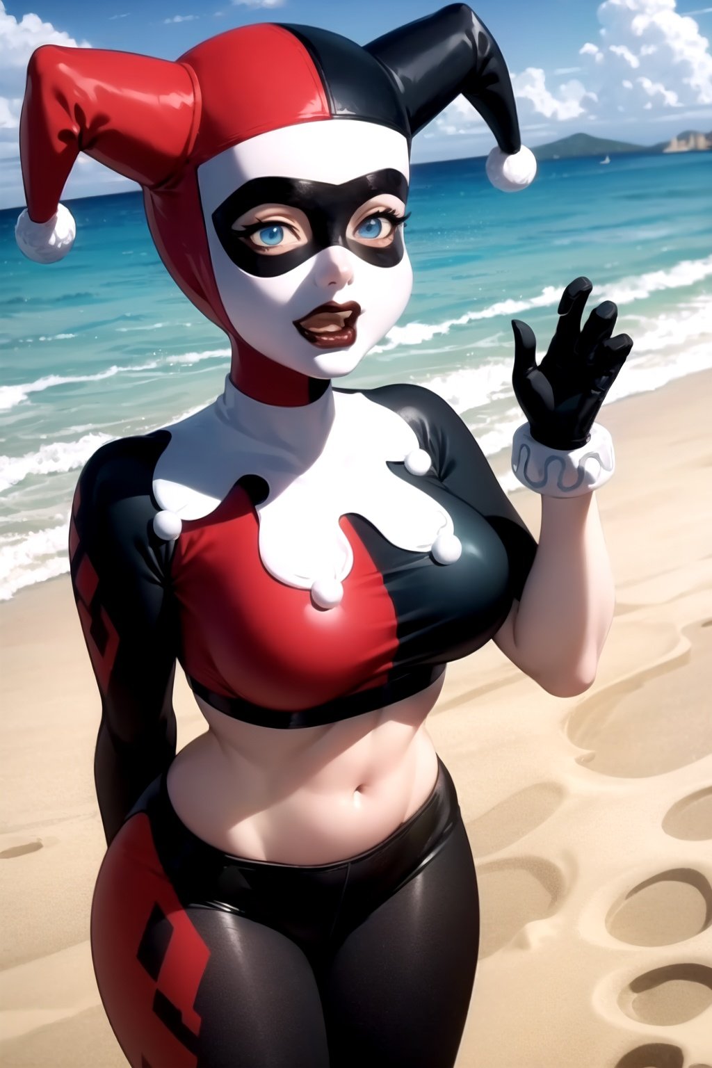 masterpiece, best quality, 1girl, hq1992, solo, blue eyes, domino mask, gloves, hat, jester cap, mask, grind, parody, midriff, navel, breasts, curvy, bikini, sea, sand, beach background <lora:HQ1992:1>