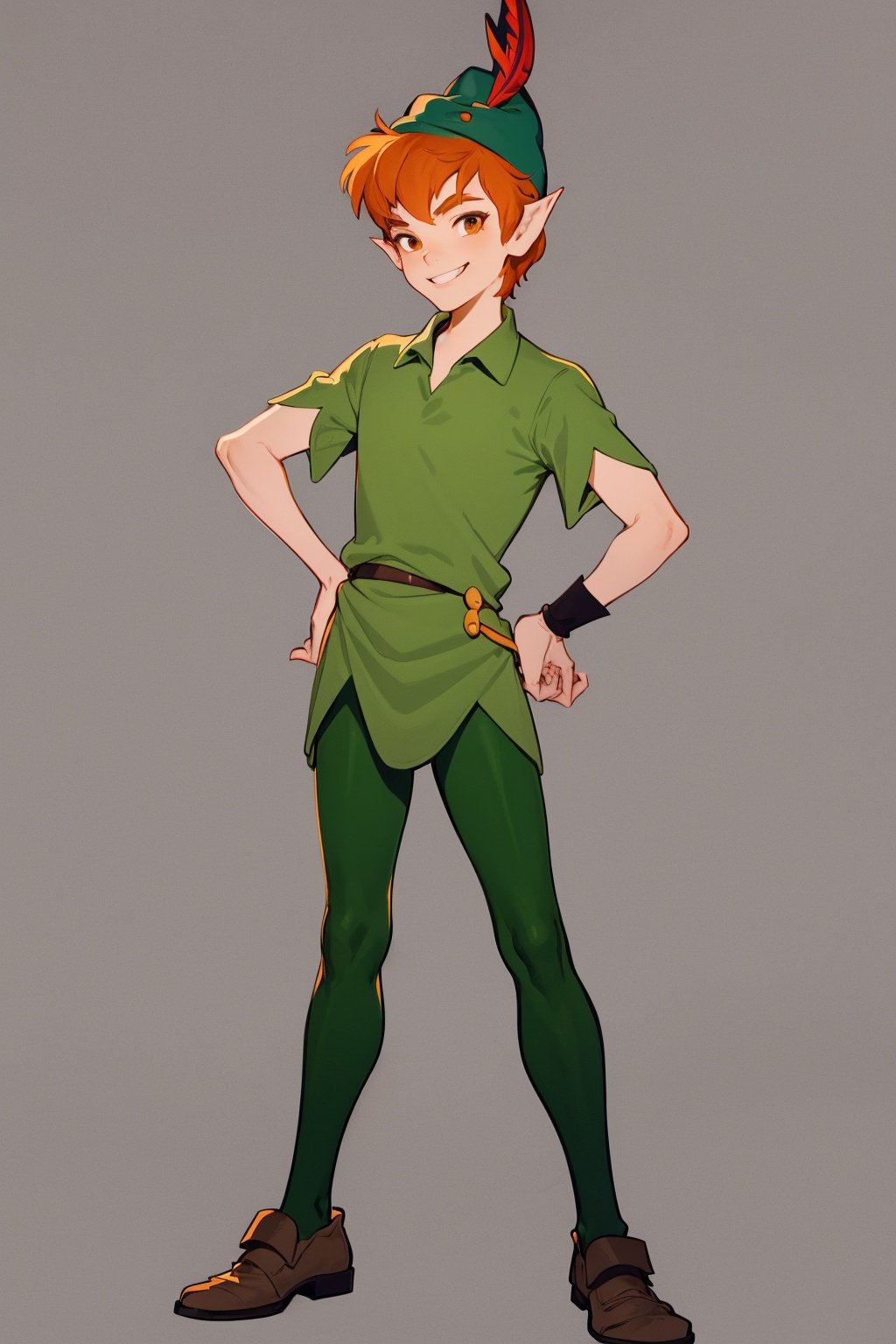 masterpiece, best quality, 1boy, peter pan, short hair, orange hair, full body, green pants, green collared shirt, short sleeves, belt, brown footwear, hands on hips, hat feather, male focus, pointy ears, smile, solo, standing, simple background <lora:PeterPan:1>