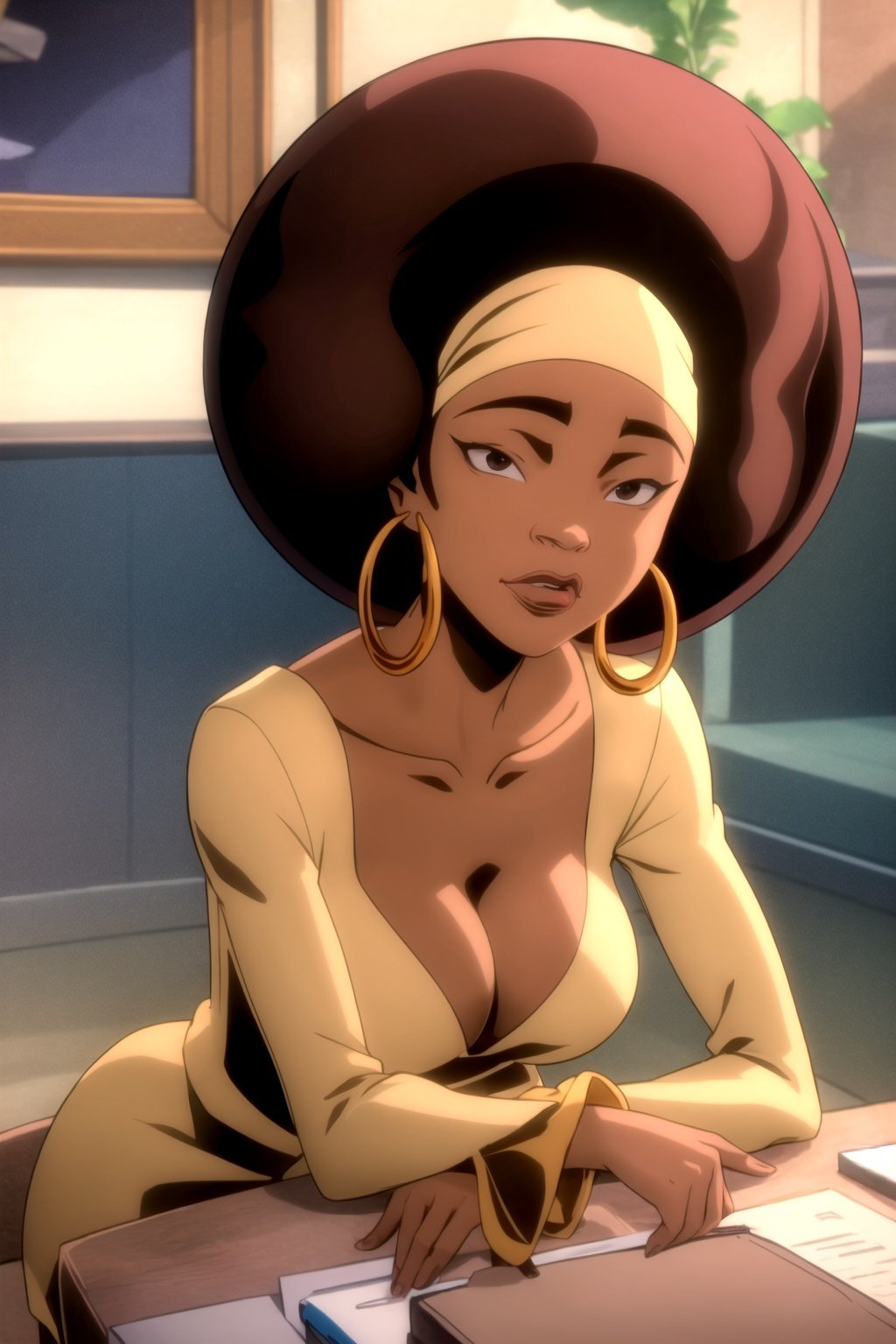 masterpiece, best quality, 1girl, hb, solo, closeup, loop earrings, afro, dark-skinned, dark skin, cleavage <lora:HoneyBee:1>