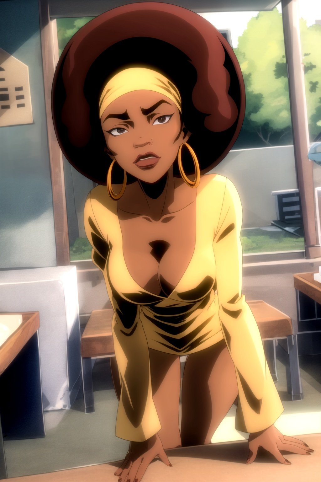 masterpiece, best quality, 1girl, hb, solo, closeup, loop earrings, afro, dark-skinned, dark skin, cleavage <lora:HoneyBee:1>