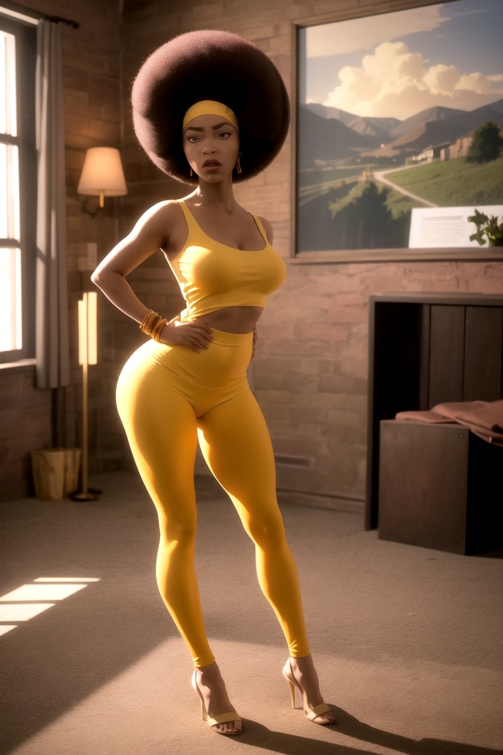 8k, best quality, real picture, intricate details, ultra-detailed, ultra highres, depth field,(photorealistic,realistic:1.2),masterpiece,photo of hbm,  very dark skin, dark-skinned, afro, makeup, lips, yellow dress, orange leggings, full body, solo, cloud, blue sky,best quality, realistic, photorealistic, (intricate details:1.2), (delicate detailed), (cinematic light), clear line, sharp focus, realistic face, detailed face,unity 8k wallpaper, ultra high res, (photorealistic:1.4), looking at viewer<lora:HoneyBee:1>