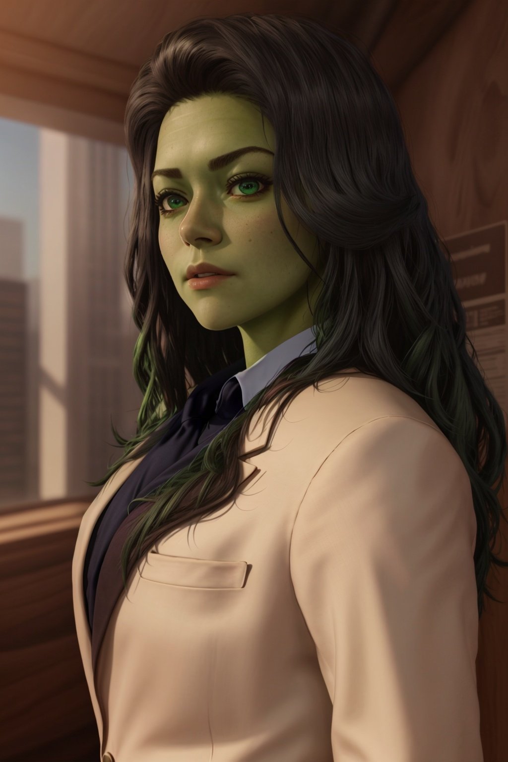 (realistic:1.1), (photorealistic:1.2), best quality, masterpiece, detailed background, detailed face, detailed skin texture, real shadows, realistic lighting, dramatic lighting, natural lighting, BREAK 1girl, shehulk, formal, suit, green skin, colored skin, office background <lora:Shehulk:1>