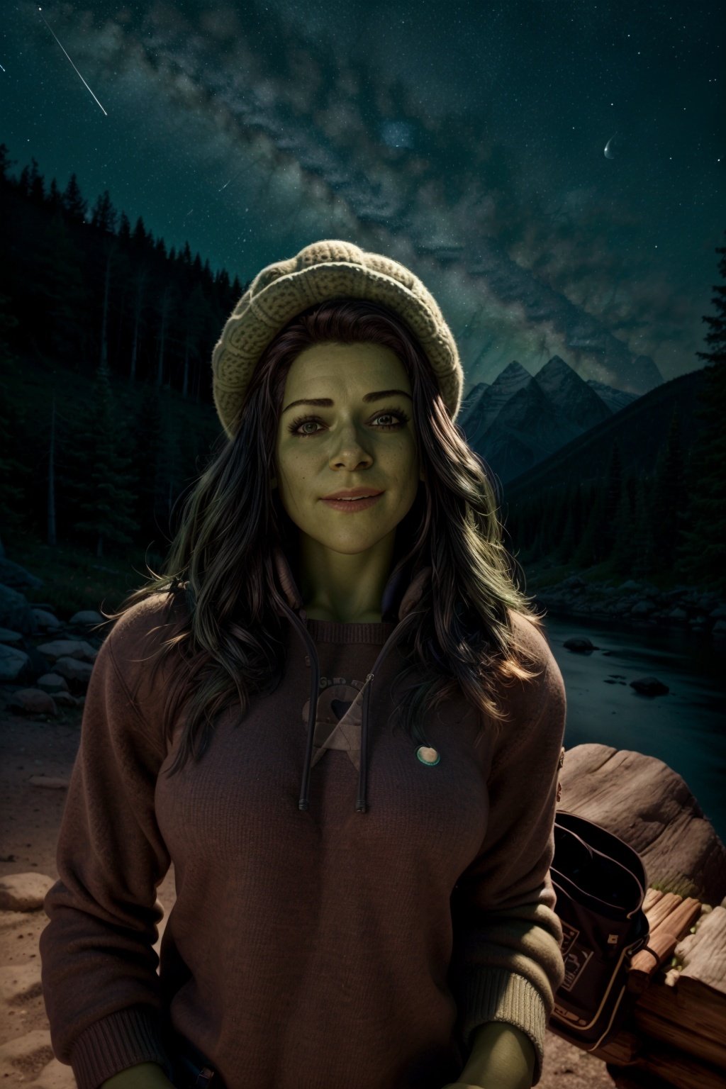 1girl, shehulk, green skin, ((upper body selfie, happy)), masterpiece, best quality, ultra-detailed, solo, outdoors, (night), mountains, nature, (stars, moon) cheerful, happy, backpack, mountain boots, gloves, sweater, hat, flashlight, forest, rocks, river, wood, smoke, shadows, contrast, clear sky, analog style, (look at viewer:1.2), (skin texture), (film grain:1.3), (warm hue, warm tone :1.2), close up, cinematic light, sidelighting, ultra high res, best shadow, RAW, upper body, wearing pullover <lora:Shehulk:1>