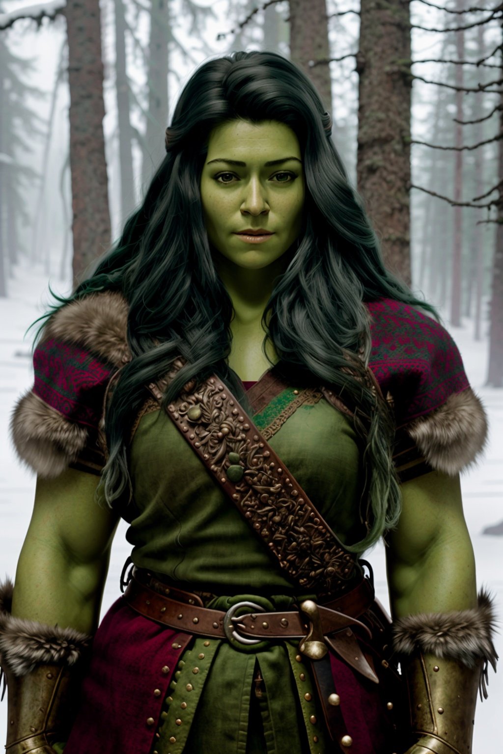 portrait painting of 1girl as nordic viking warrior, 1girl, shehulk, blackhair, long hair, green skin, colored skin, wearing viking armor,detailed skin, fantasy, snowy nordic forest, modelshoot style, (extremely detailed CG), photo of beautiful artwork, (Antonio Moro), (Jeremy Mann), High Detail, Sharp focus, dramatic, oil painting, realistic  <lora:Shehulk:1>