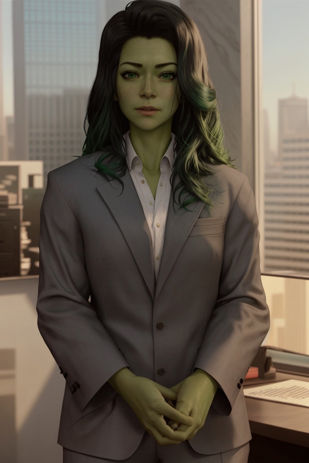 (realistic:1.1), (photorealistic:1.2), best quality, masterpiece, detailed background, detailed face, detailed skin texture, real shadows, realistic lighting, dramatic lighting, natural lighting, BREAK 1girl, shehulk, formal, suit, green skin, colored skin, office background <lora:Shehulk:1>