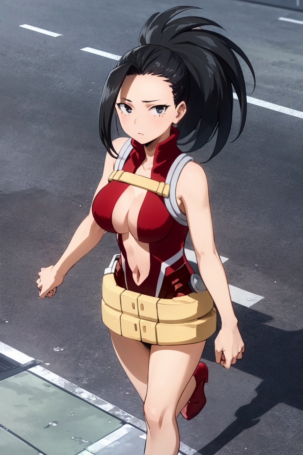 masterpiece, best quality, yaoyorozu momo, 1girl, closeup, black eyes, black hair,  ponytail, long hair, hair pulled back, breasts, center opening, cleavage, leotard, navel, red footwear, red leotard, solo, looking at viewer, hero outfit, tokyo street background <lora:MomoYaoyorozu:1>