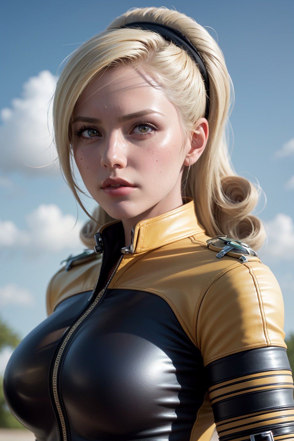 8k, best quality, real picture, intricate details, ultra-detailed, ultra highres, depth field,(photorealistic,realistic:1.2),masterpiece,photo of  lienneville, wearing bodysuit, breasts, red eyes, blonde hair, hairband, solo, sun, blue sky,best quality, realistic, photorealistic, (intricate details:1.2), (delicate detailed), (cinematic light), clear line, sharp focus, realistic face, detailed faceunity 8k wallpaper, ultra high res, (photorealistic:1.4), looking at viewer  <lora:LienNeville:1>