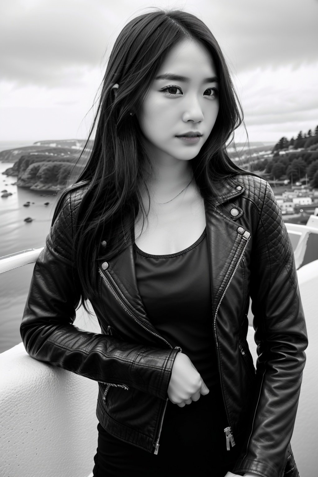 b&w photo of woman, brown eyes, brown hair, long hair, half body, body, looking at viewer, high detailed skin, skin pores, sfw, leather jacket, (coastline), overcast weather, wind, waves, 8k uhd, dslr, soft lighting, high quality, film grain, Fujifilm XT3 <lora:Adelinemu:1>