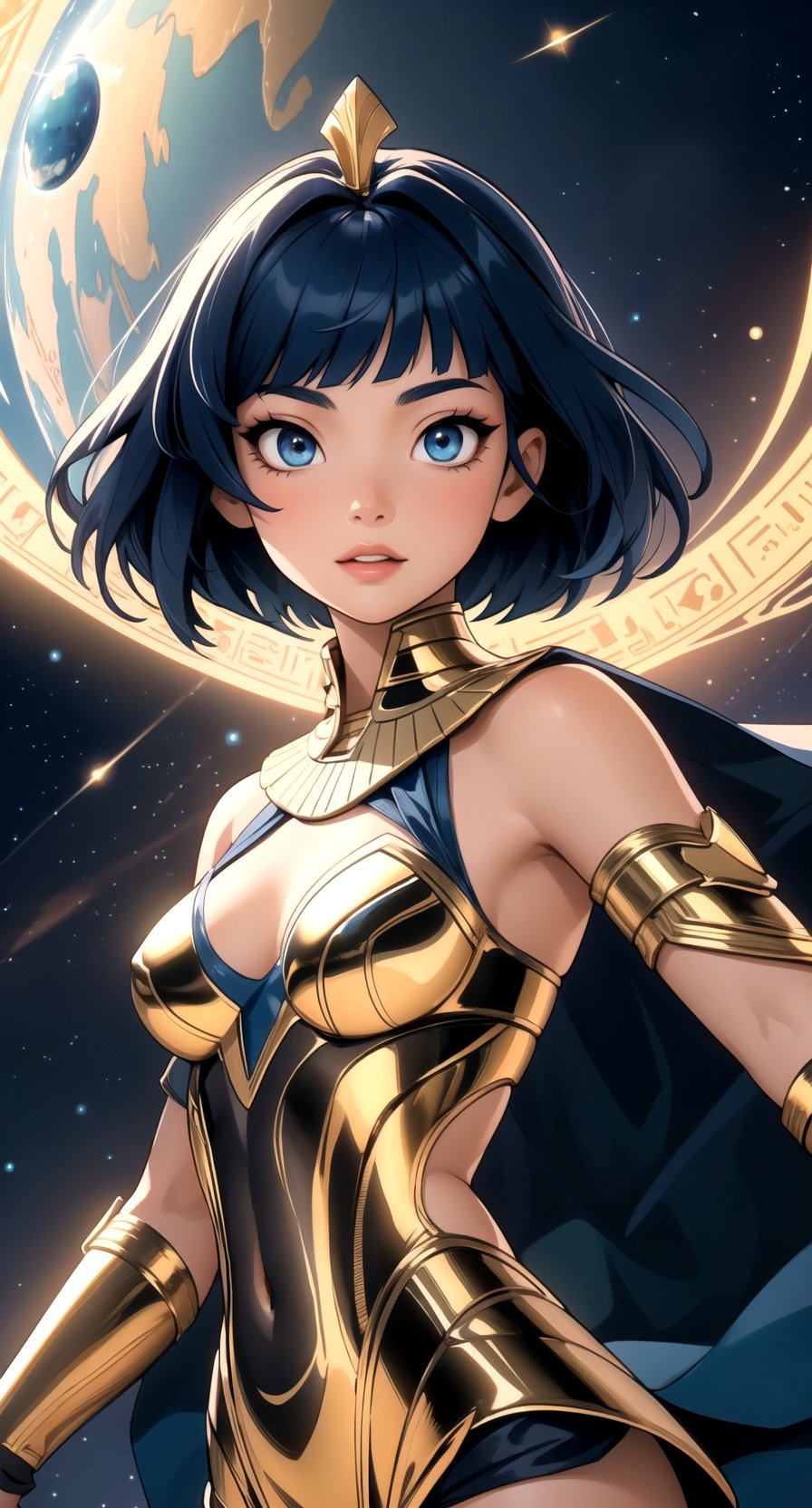 centered angle, upper body, | symetrical eyes, luminous eyes, detailed face, | 1girl, short hairstyle, (dark blue hair color:1.2), (bright eyes:1.1), | symetrical crown, egyptian, egyptian clothes, egypt godess, | egypt, piramid, ancient metropolis, aliens technology, aliens, ovnis, | stars, planets, sky, universe, | hyperealistic shadows, smooth detailed,