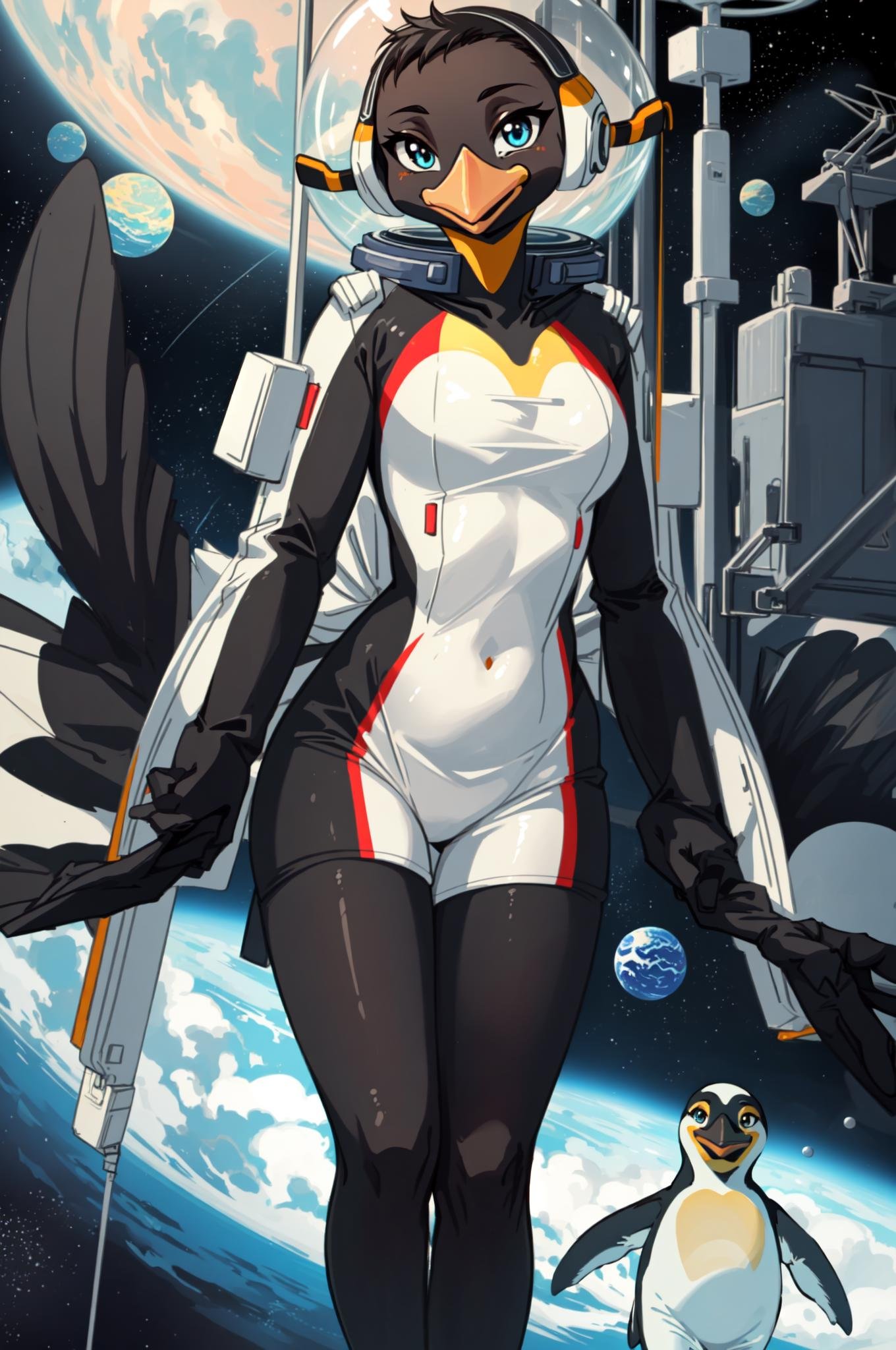 ((anthro penguin)), female, blonde hair, space suit, astronaut suit, masterpiece, beautiful, floating in space, space ship in background, milky way, bald, <lora:Anthro-Birds-v3.5:1>