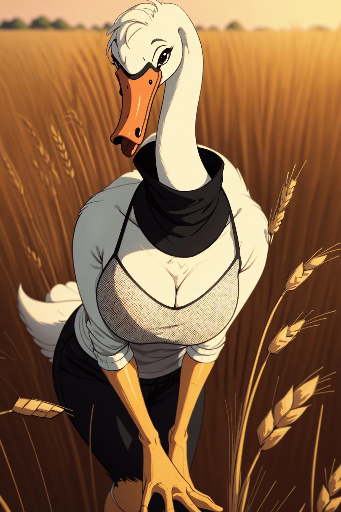 anthro avian swan, webbed feet, wheat field, camisole, neoclassicism, halftone,((HDRI))  <lora:Anthro-Birds-v3.2.2-no_offset-000004:1>