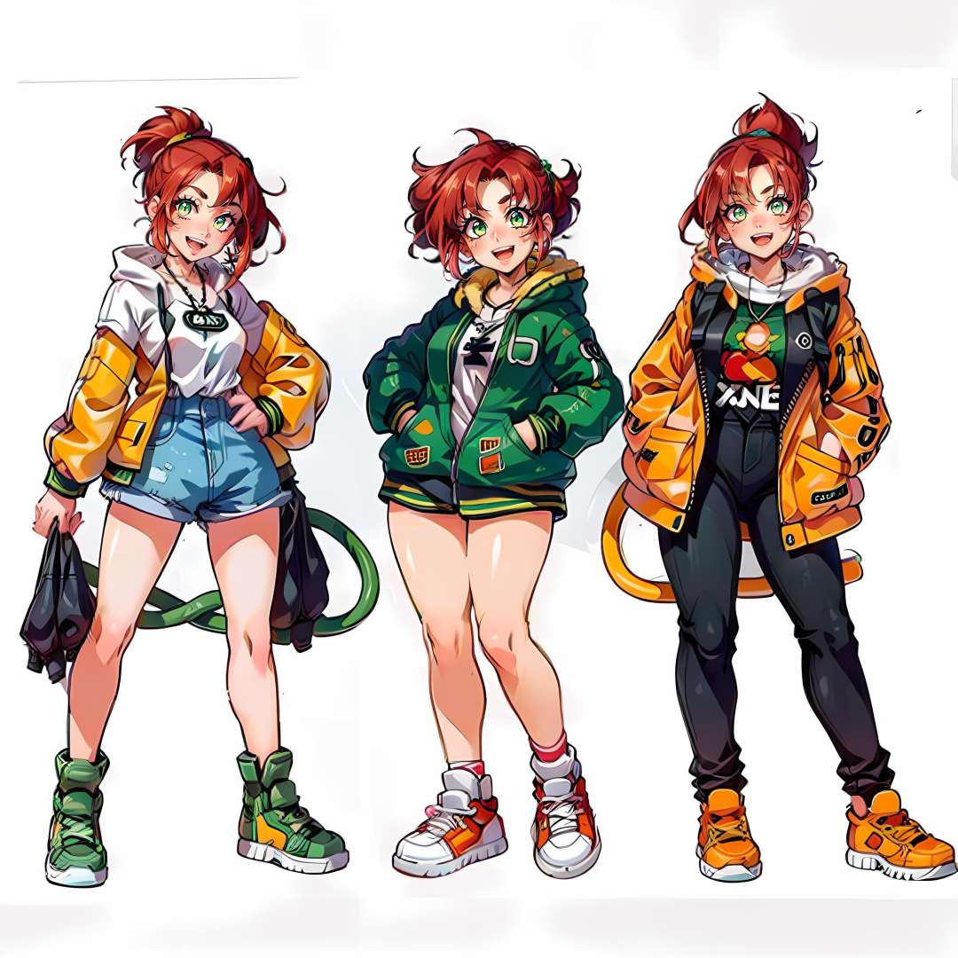 1girl, (MoreOutfits:1.5), (clothes variation, multiple views:1), (3views), full body, (pink short hair, green eyes, green pendant), (orange jacket, red short, convers), curvy, looking at viewer, smile, :D, cute pose, (dynamic_pose:1.2), wide shot, (white background:1), (masterpiece:1.2), (best quality, highest quality), (ultra detailed), (8k, 4k, intricate), detailed eyes, <lora:MoreOutFits_Concept-10:1><lora:more_details:0.3>