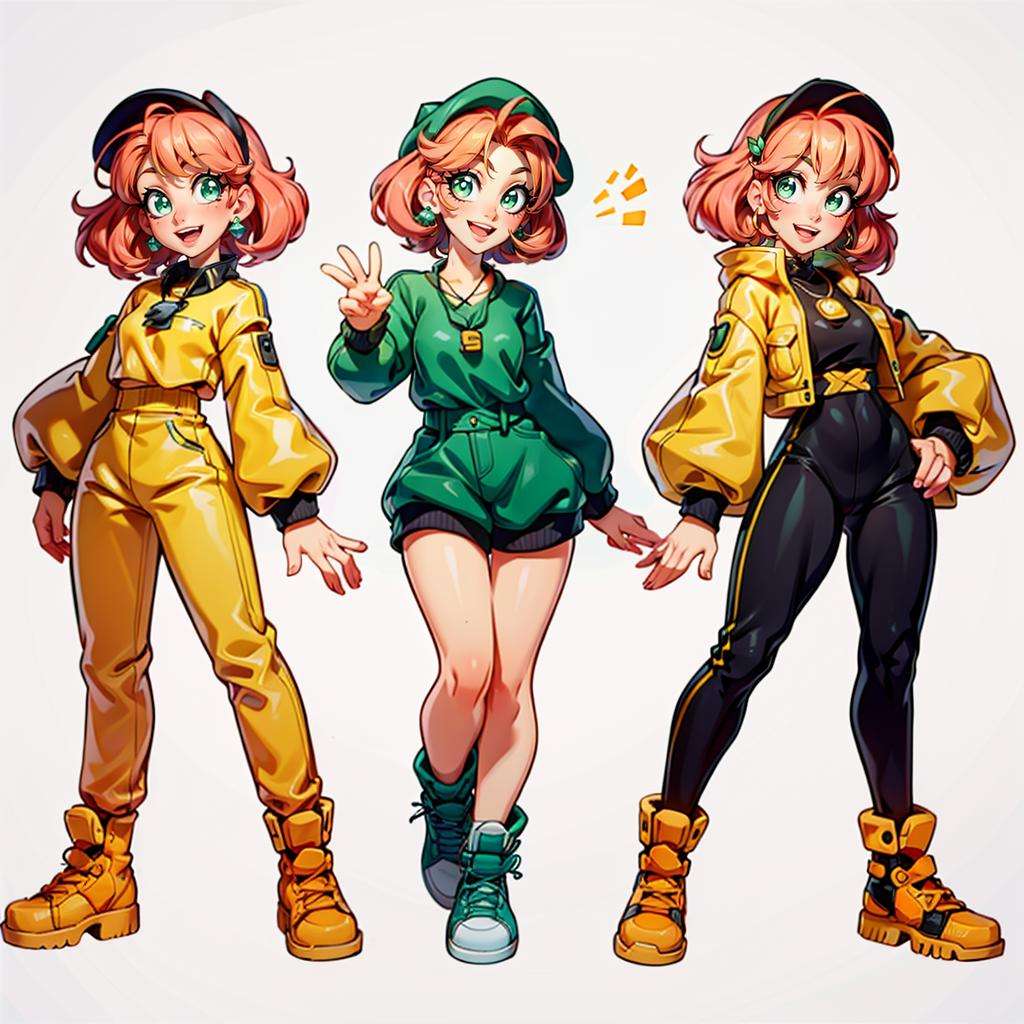 1girl, (MoreOutfits:1.5), (clothes variation, multiple views:1), (3views), full body, (pink short hair, green eyes, green pendant), (orange clothes), curvy, looking at viewer, smile, :D, cute pose, (dynamic_pose:1.2), wide shot, (white background:1),(masterpiece:1.2), (best quality, highest quality), (ultra detailed), (8k, 4k, intricate), detailed eyes,<lora:MoreOutFits_Concept-10:0.8><lora:more_details:0.3> <lora:3DMM_V7:0.65>