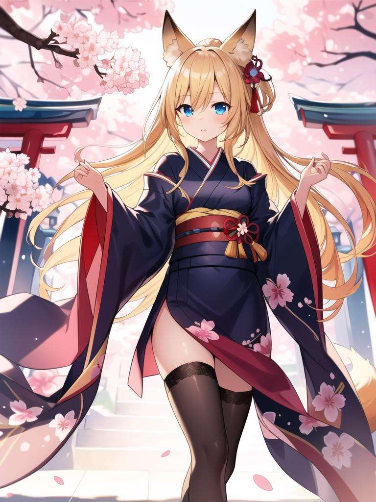 (masterpiece, best quality:1.3), (ultra detailed, cinematic lighting:1.2), 1girl, solo, blonde hair, long hair, blue eyes, fox ears, fox tail, kimono, black thighhighs, shrine, cherry blossoms, sakura blossoms leaves, outdoors, dynamic angle