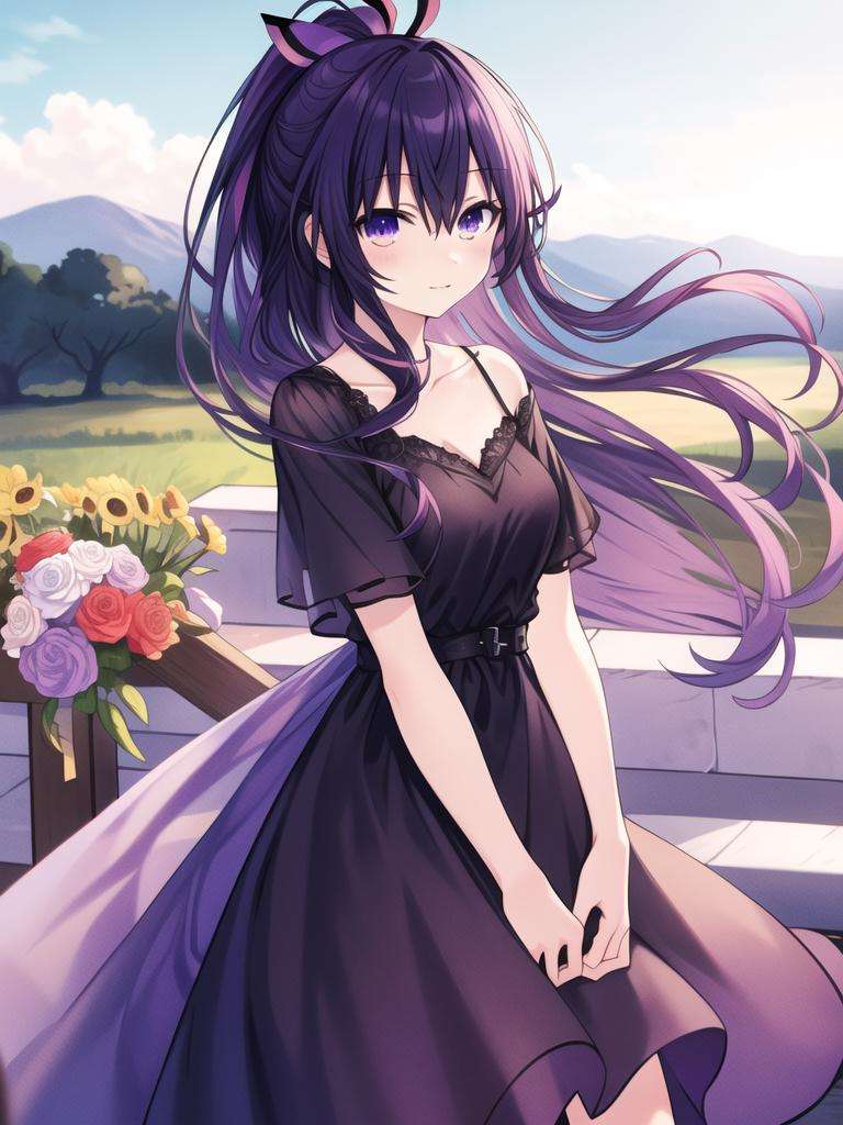 (masterpiece, best quality, highres:1.2), 1girl, solo, purple eyes,purple hair,high ponytail, casual clothes,short dress, cowboy shot, outdoors, flowers <lora:tohka:0.7>