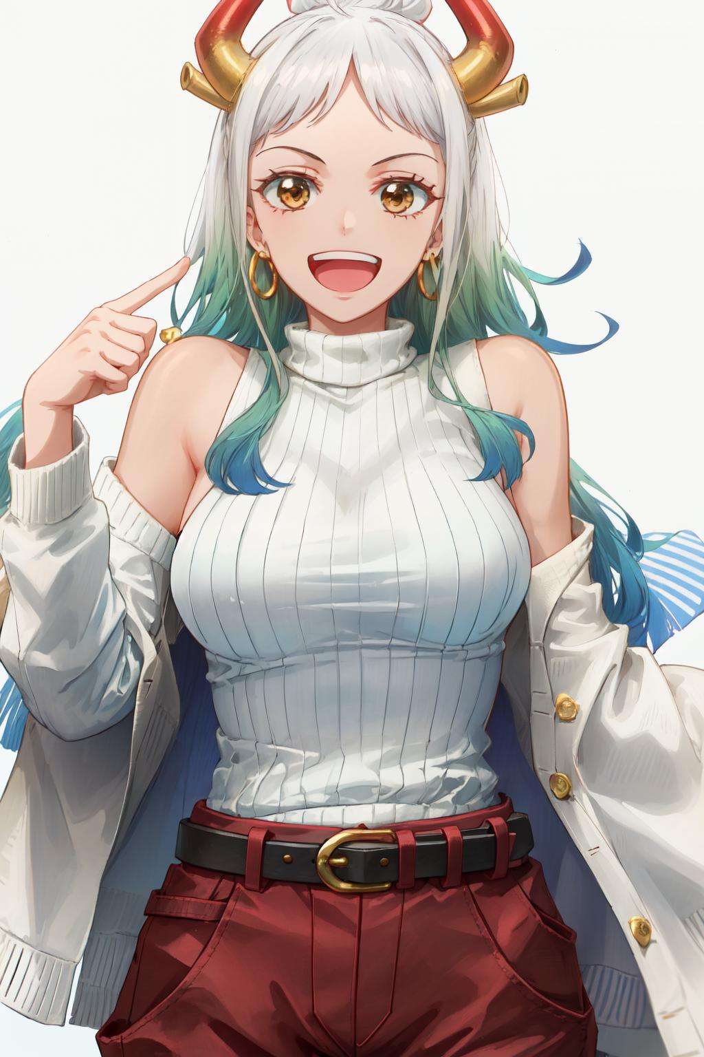 <lora:yamato_v2:1>yamato\(one piece\),  1girl,solo, turtleneck sweater, long sleeves, black turtleneck sweater, colored horn, multicolored hair, pants, upper body, belt, smile, happy, open mouth, white hair,green hair, bare shoulders, hoop earrings, large breasts, free style <lyco:free_style:1>