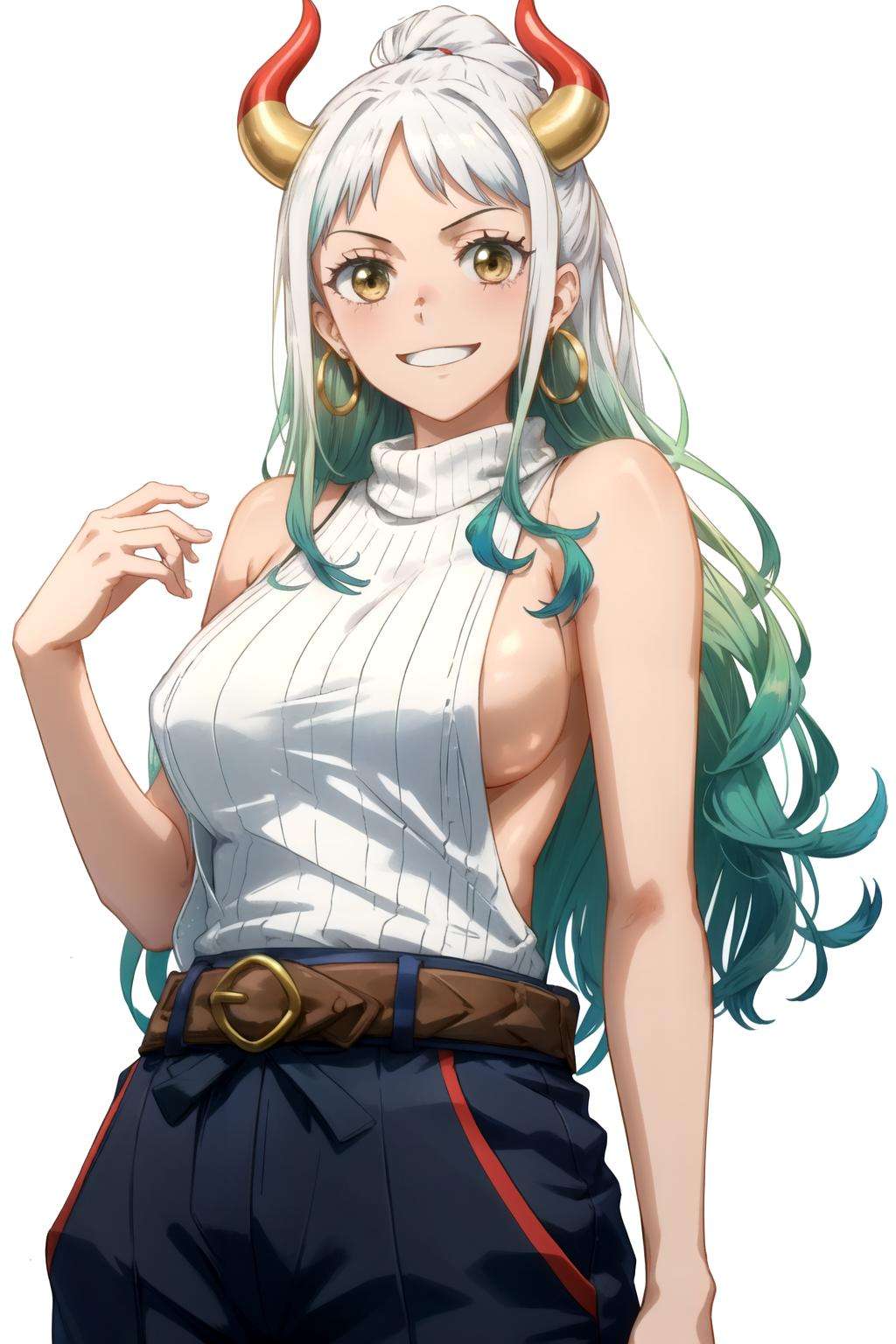 <lora:yamato_v2:0.7>yamato\(one piece\),  1girl,solo, turtleneck sweater, sleeveless, sweater, colored horn, multicolored hair, pants,sideboob,  upper body, belt, smile, happy, blush,shiny skin, white hair,green hair, bare shoulders, hoop earrings, large breasts, free style <lyco:free_style:1>, white background,long hair