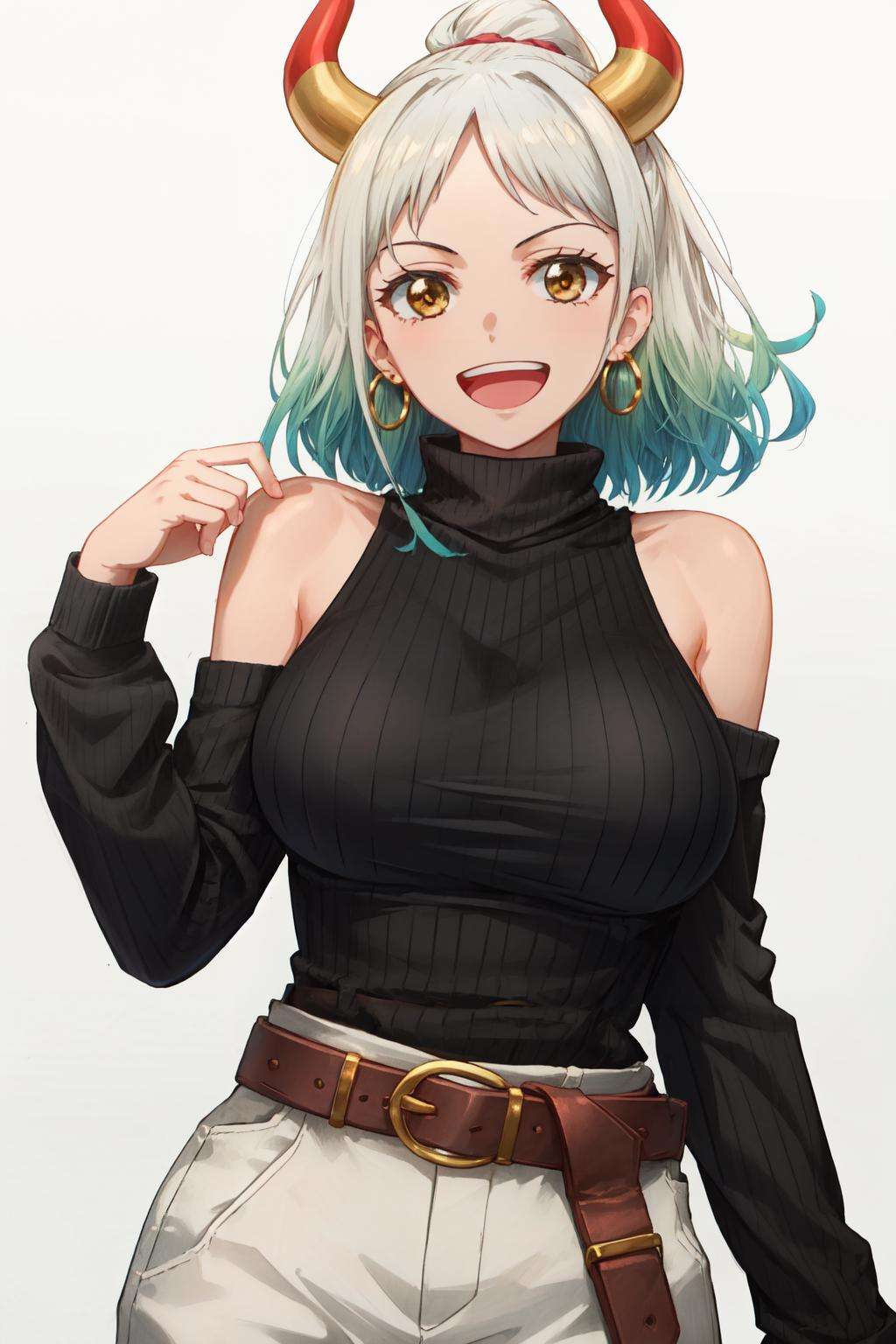 <lora:yamato_v2:0.7>yamato\(one piece\),  1girl,solo, turtleneck sweater, long sleeves, black sweater, colored horn, multicolored hair, pants, upper body, belt, smile, happy, open mouth, white hair,green hair, bare shoulders, hoop earrings, large breasts, free style <lyco:free_style:1>