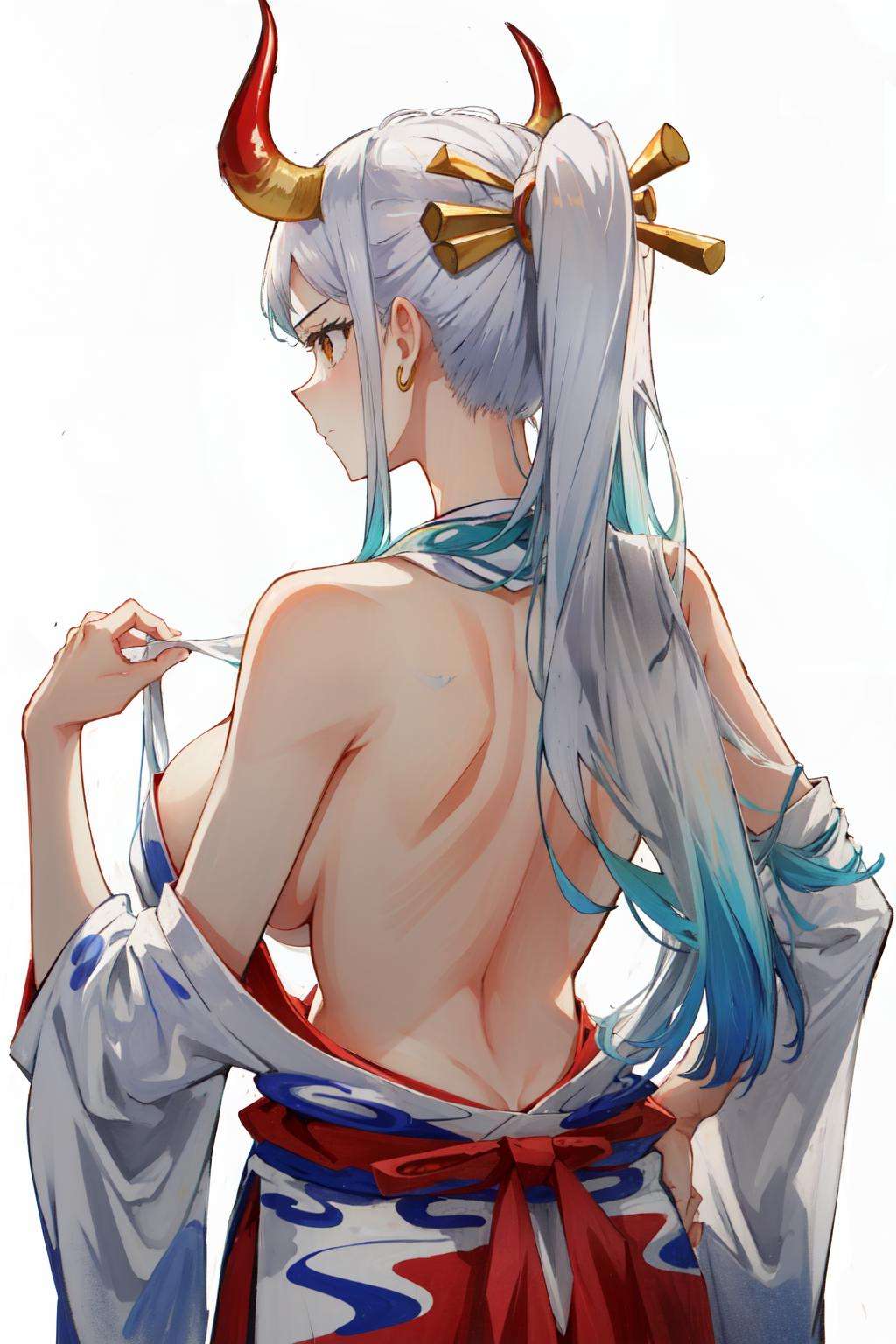 <lora:yamato_v2:1>yamato\(one piece\), hair ornament, kimono, ponytail, white hair, earrings, japanese clothes, 1girl, undressing, topless, hair stick, multicolored hair, upper body, white background, median furrow, back focus, back, solo, grey hair, facing away, horns, backboob, simple background, from behind, sideboob, long hair, jewelry, large breasts, red horns