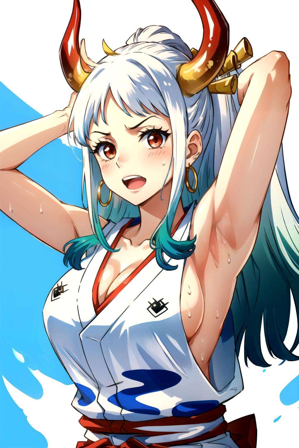 <lora:yamato_v2:1>yamato\(one piece\), hair ornament, kimono, sweat, oni, earrings, japanese clothes, 1girl, hoop earrings, open mouth, armpits, sleeveless, hair stick, multicolored hair, looking at viewer, upper body, red eyes, solo, curled horns, horns, arms up, sideboob, green hair, cleavage, sleeveless kimono, long hair, jewelry, large breasts, blush, red horns, collarbone