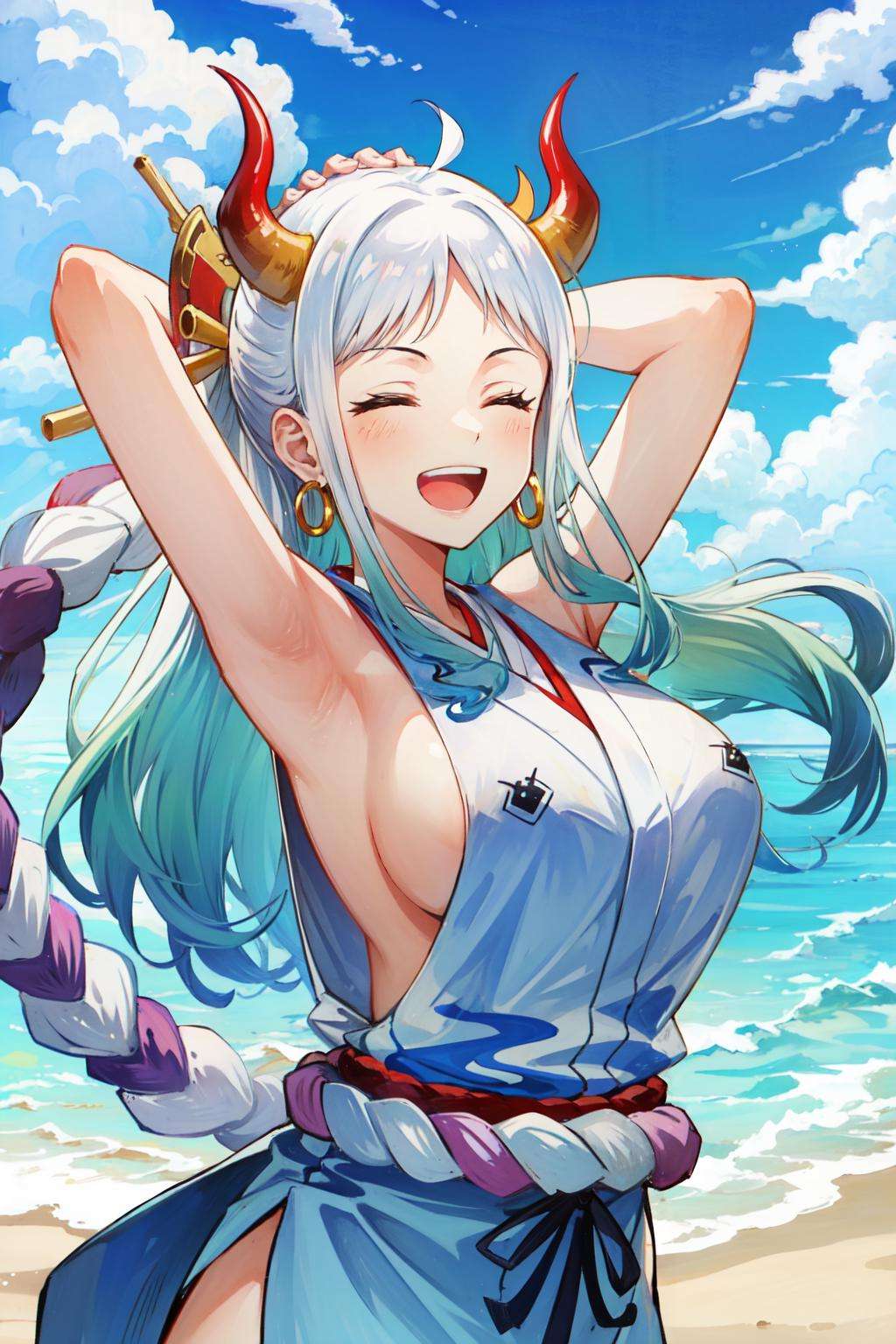 <lora:yamato_v2:0.8>yamato\(one piece\), rope, :d, shimenawa, white hair, earrings, japanese clothes, 1girl, smile, open mouth, armpits, sleeveless, multicolored hair, closed eyes, bare shoulders, upper body, solo, horns, arms up, sideboob, green hair, sleeveless kimono, long hair, jewelry, large breasts