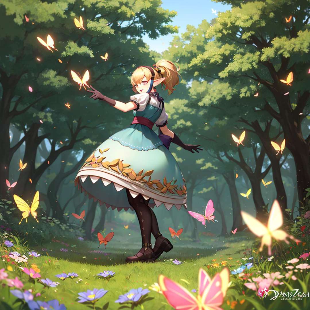 ((masterpiece,best quality)), absurdres,  <lora:Agitha_Zelda:0.7>, Agitha_Zelda, 1girl, solo, happy,forest, flowers, and butterflies in background, cinematic composition, dynamic pose,