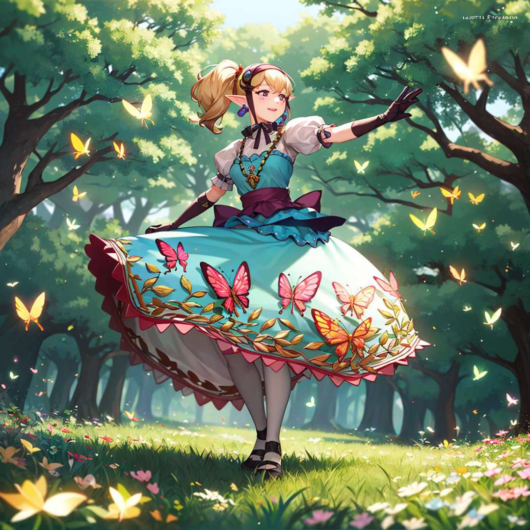 ((masterpiece,best quality)), absurdres,  <lora:Agitha_Zelda:0.7>, Agitha_Zelda, 1girl, solo, happy,forest, flowers, and butterflies in background, cinematic composition, dynamic pose,