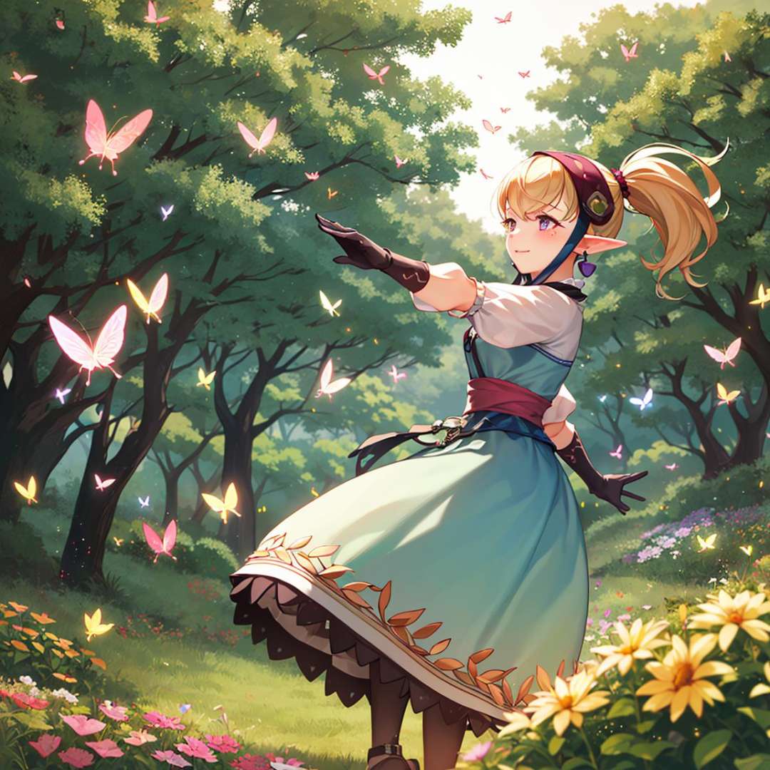 ((masterpiece,best quality)), absurdres,  <lora:Agitha_Zelda:0.7>, Agitha_Zelda, 1girl, solo, happy,forest, flowers, and butterflies in background, cinematic composition, dynamic pose,