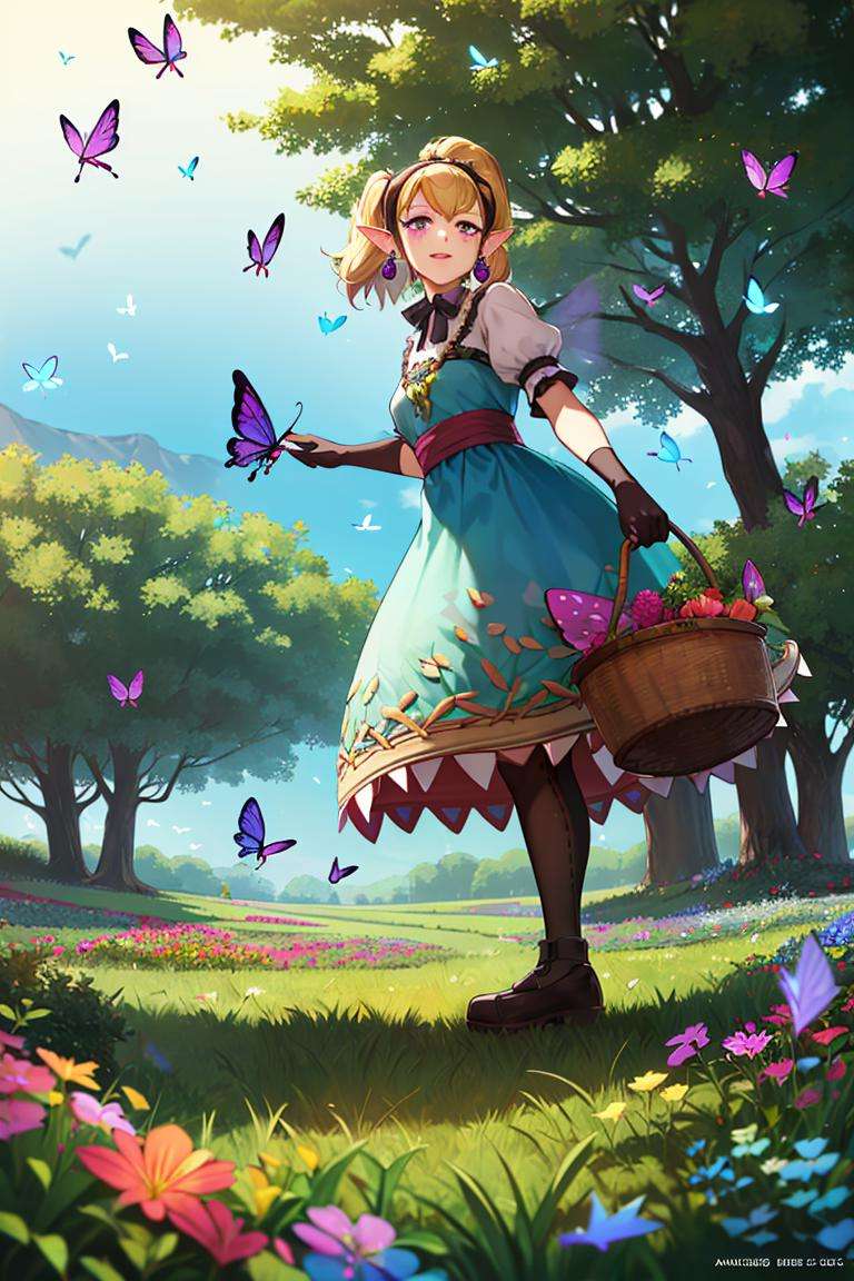 ((masterpiece,best quality)), absurdres,<lora:Agitha_Zelda:0.7>, Agitha_Zelda, 1girl, solo, happy,forest, flowers, and butterflies in background, cinematic composition, dynamic pose,