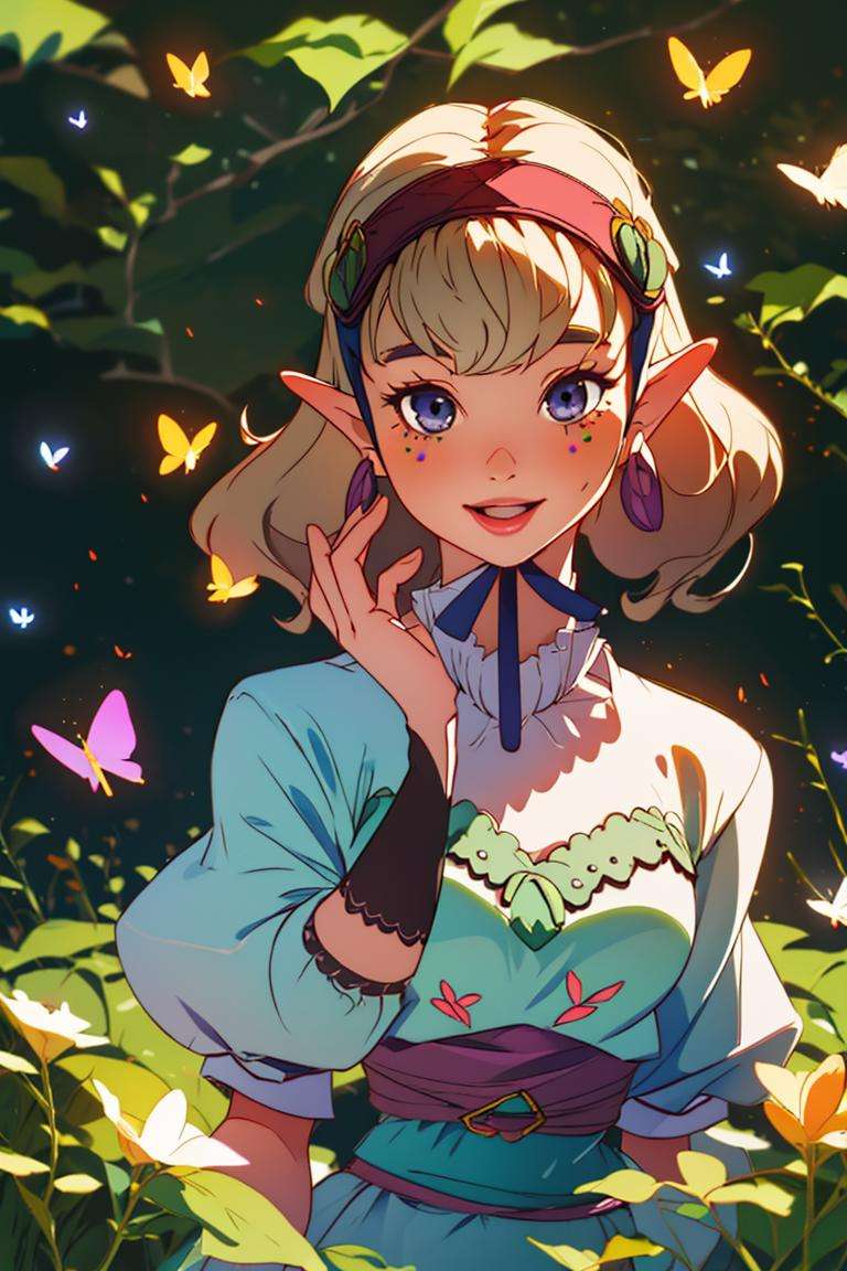 ((masterpiece,best quality)), absurdres,<lora:Agitha_Zelda:0.9>, Agitha_Zelda, 1girl, solo, happy, detailed face, upper body, forest, flowers, and butterflies in background, cinematic composition, 