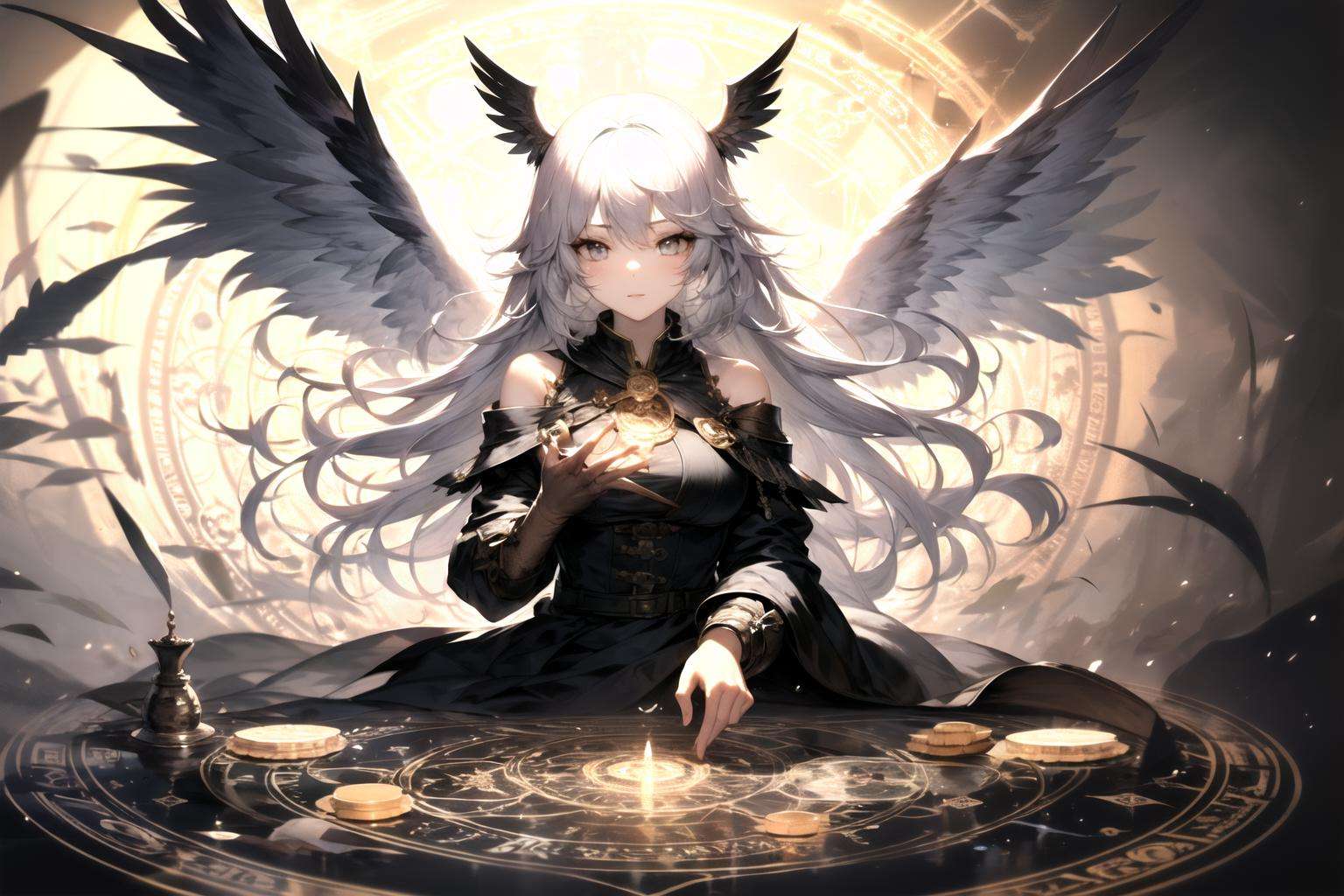 masterpiece, best quality, 1girl, gpts style, (magic circle:1.25), wings, grey eyes, grey hair <lora:GPTS 18 Dynorm_6400:1>