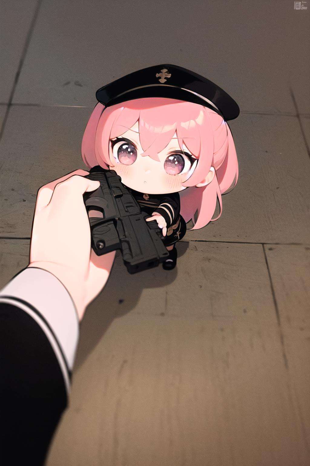 godoacrime, from above, chibi, pov, holding gun, handgun, 1girl <lora:GoDoACrime meme:1>