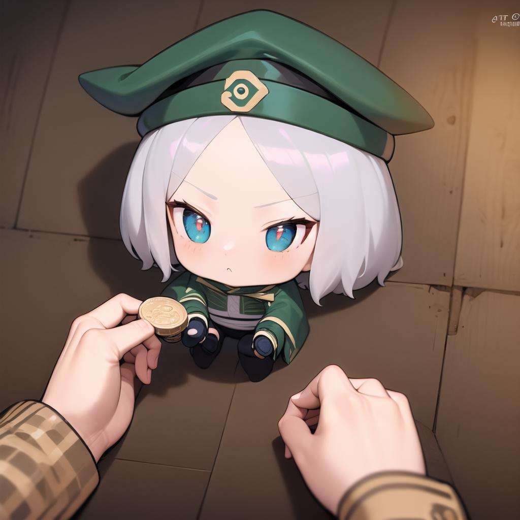 masterpiece, best quality, godoacrime, from above, chibi, pov, holding coin, (otto:1.4), 1boy, green hat <lora:GoDoACrime meme:1> <lora:Rezero World_204380:1>