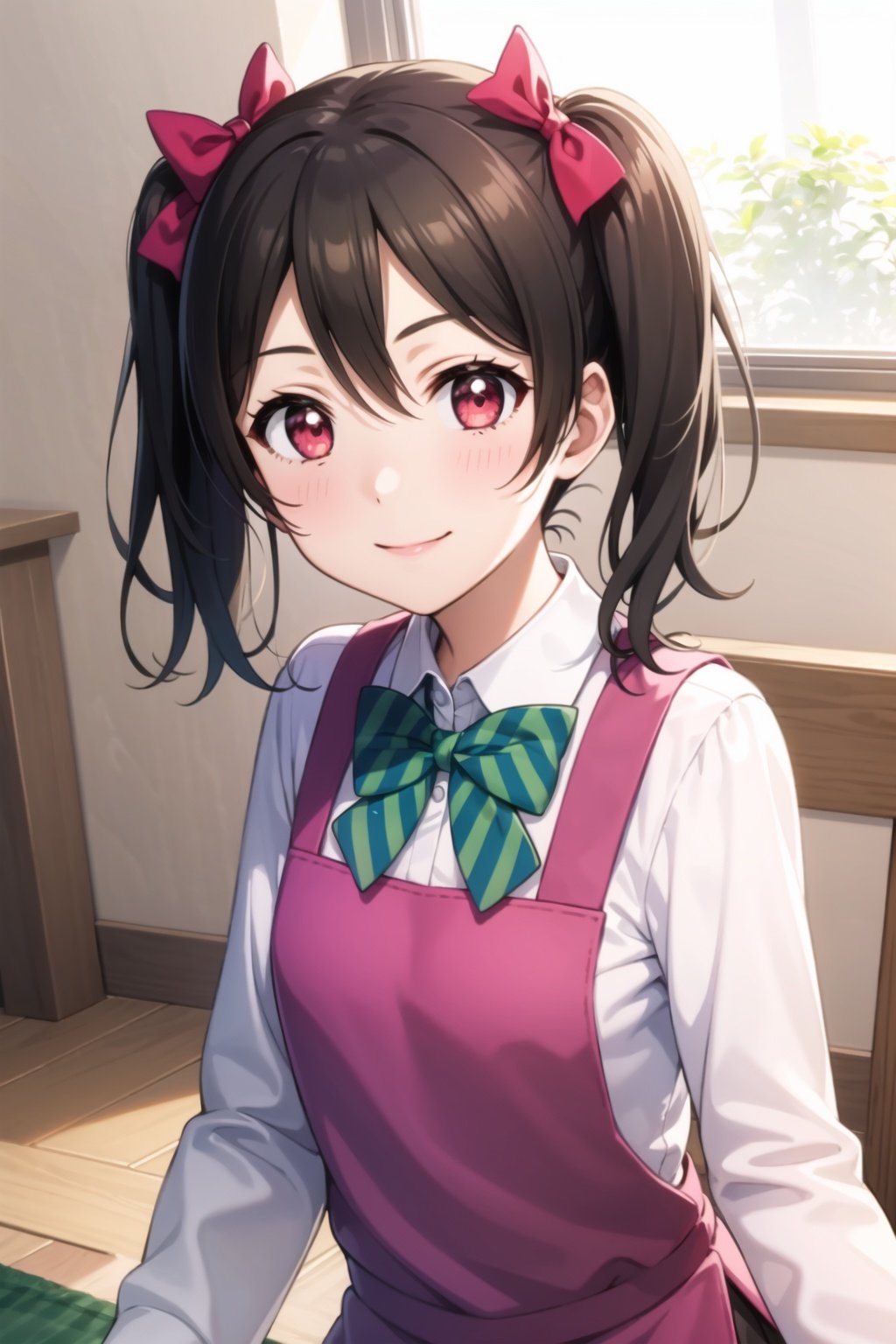 (masterpiece, best quality, ultra-detailed), (illustration), (beautiful detailed eyes), (1girl), (solo), yazawa nico, twintails, (red eyes), black hair, hair bow, single sidelock, <lora:NicoLL_v1:0.5>, looking at viewer, smile, closed mouth, school uniform, white shirt, upper body, striped, collared shirt, indoors, bowtie, apron, red bow, wing collar, green bow, striped bow, summer uniform, otonokizaka school uniform, striped bowtie, green bowtie, pink apron