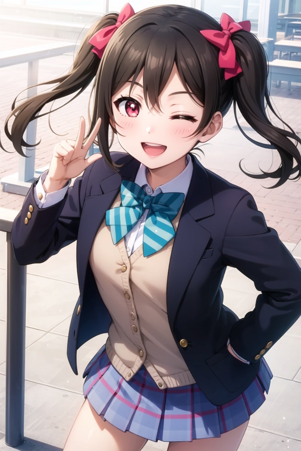 (masterpiece, best quality, ultra-detailed), (illustration), (beautiful detailed eyes), (1girl), (solo), yazawa nico, twintails, red eyes, black hair, hair bow, single sidelock, <lora:NicoLL_v1:0.5>, looking at viewer, smile, open mouth, long sleeves, bow, school uniform, jacket, white shirt, pleated skirt, one eye closed, open clothes, striped, collared shirt, miniskirt, bowtie, red bow, open jacket, blue skirt, hand on hip, plaid, v, plaid skirt, blazer, cardigan, ;d, wing collar, blue jacket, green bow, striped bow, winter uniform, otonokizaka school uniform, striped bowtie, green bowtie, pink cardigan