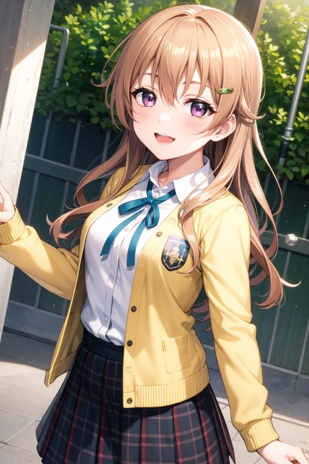 (masterpiece, best quality, ultra-detailed), (illustration), (beautiful detailed eyes), 1girl, solo, konoe kanata, orange hair, purple eyes, <lora:kanataLL_v1.1:0.5>,looking at viewer, smile, hair ornament, jacket, plaid, plaid skirt, yellow jacket, nijigasaki academy school uniform, white shirt, open jacket, neck ribbon, outdoors, greenary, depth of field, 