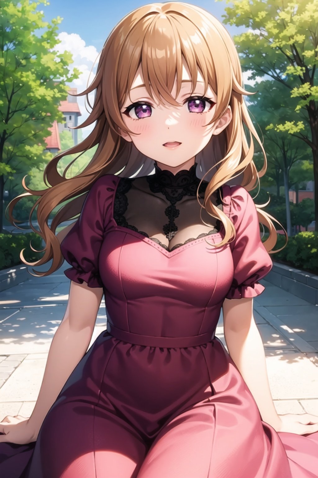 (masterpiece, best quality, ultra-detailed), (illustration), (beautiful detailed eyes), 1girl, solo, konoe kanata, orange hair, purple eyes, <lora:kanataLL_v1.1:0.5>,pink dress, hair ornament, outdoors, greenary, depth of field, 