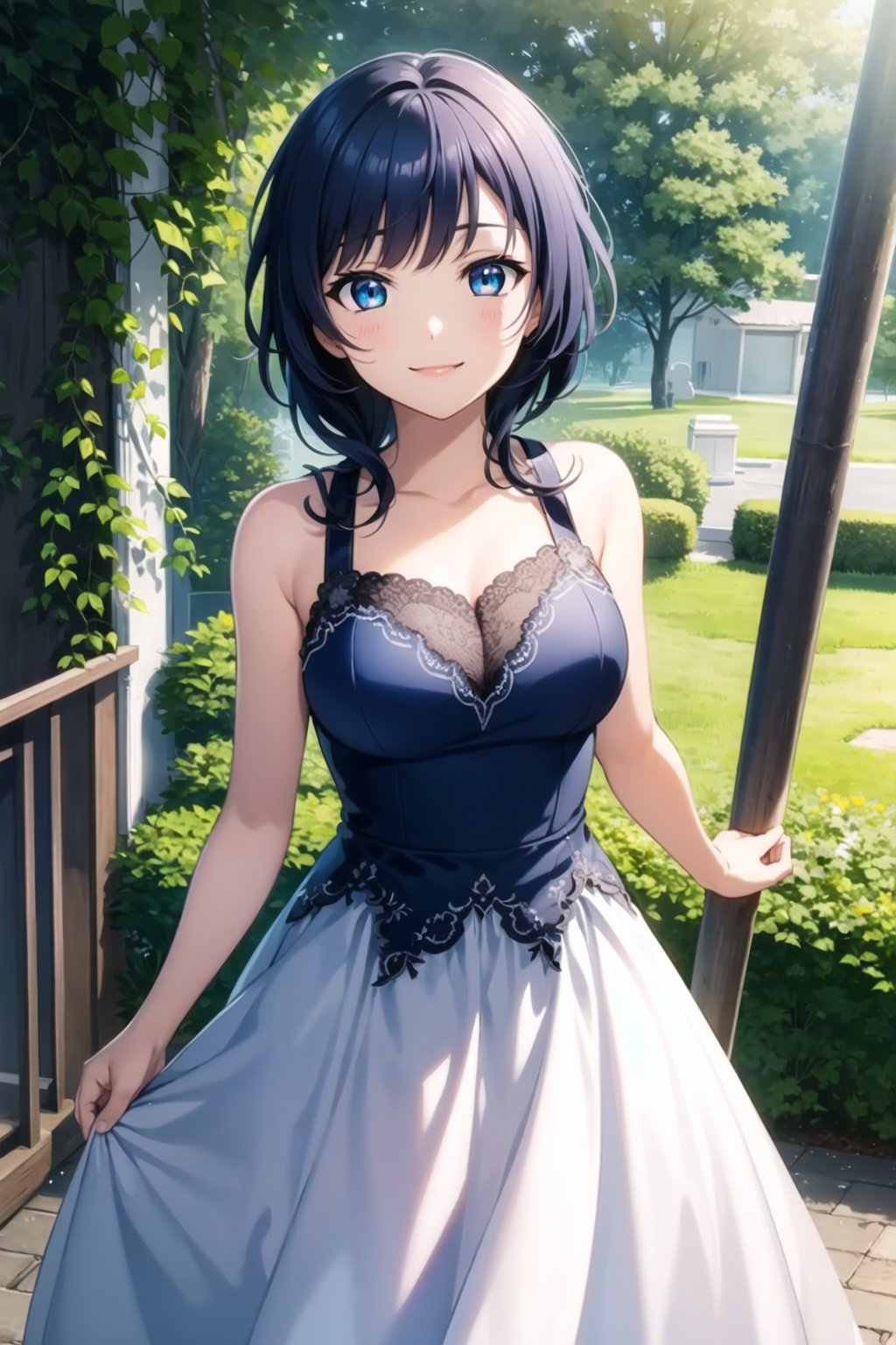 (masterpiece, best quality, ultra-detailed), (illustration), (beautiful detailed eyes), (1girl), (solo), asaka karin, (medium hair), blue eyes, sidelocks, blue hair, <lora:KarinLL_v1.1:0.6>,dress, flower, outdoors, greenary, depth of field, looking at viewer, smile, 