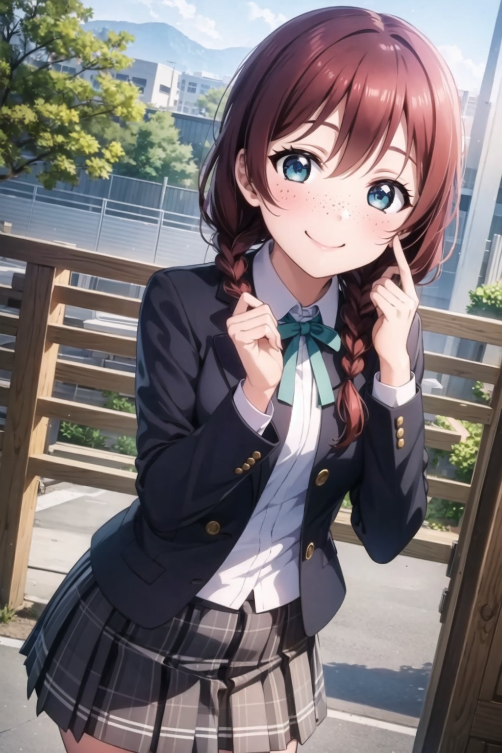 (masterpiece, best quality, ultra-detailed), (illustration), (beautiful detailed eyes), 1girl, solo, emma verde, brown hair, red hair,  blue eyes, twin braids, freckles, <lora:EmmaLL_v1.4:0.6>,outdoors, depth of field, falling leaves, smile, looking at viewer, long sleeves, school uniform,  white shirt, pleated skirt, collared shirt, open jacket, black jacket, plaid,neck ribbon, plaid skirt,blazer, white skirt, green ribbon, winter uniform, nijigasaki academy school uniform,