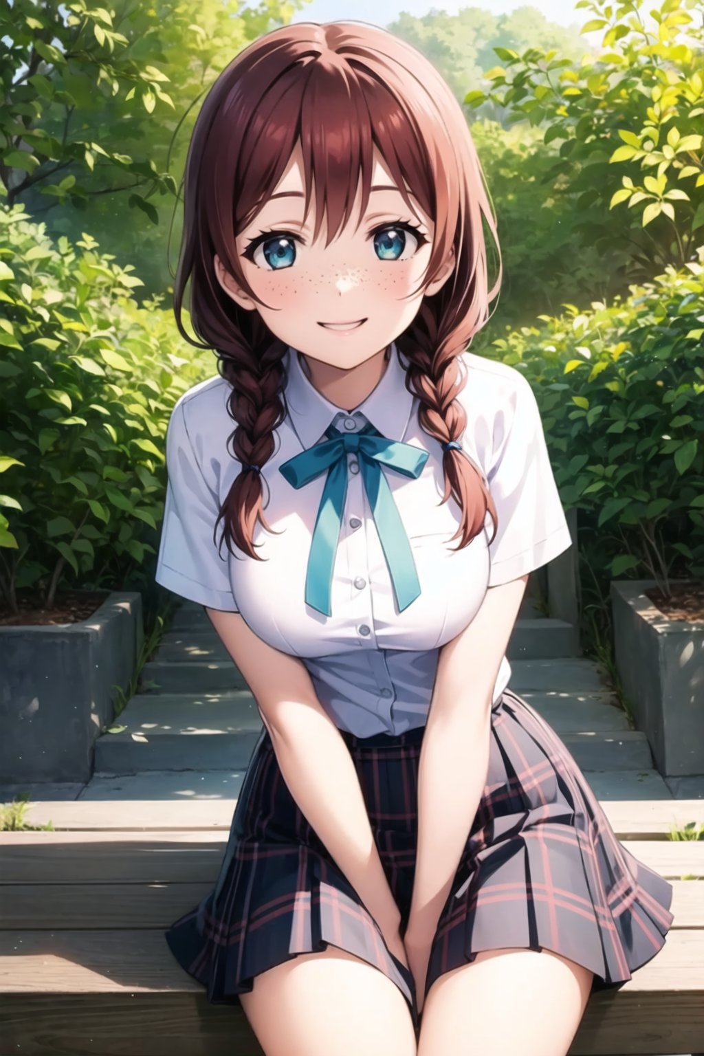 (masterpiece, best quality, ultra-detailed), (illustration), (beautiful detailed eyes), 1girl, solo, emma verde, brown hair, red hair,  blue eyes, twin braids, freckles, <lora:EmmaLL_v1.4:0.6>,outdoors, depth of field, falling leaves, smile, looking at viewer, short sleeves,  shirt, pleated skirt, collared shirt, neck ribbon, plaid skirt,  green ribbon,nijigasaki academy school uniform,