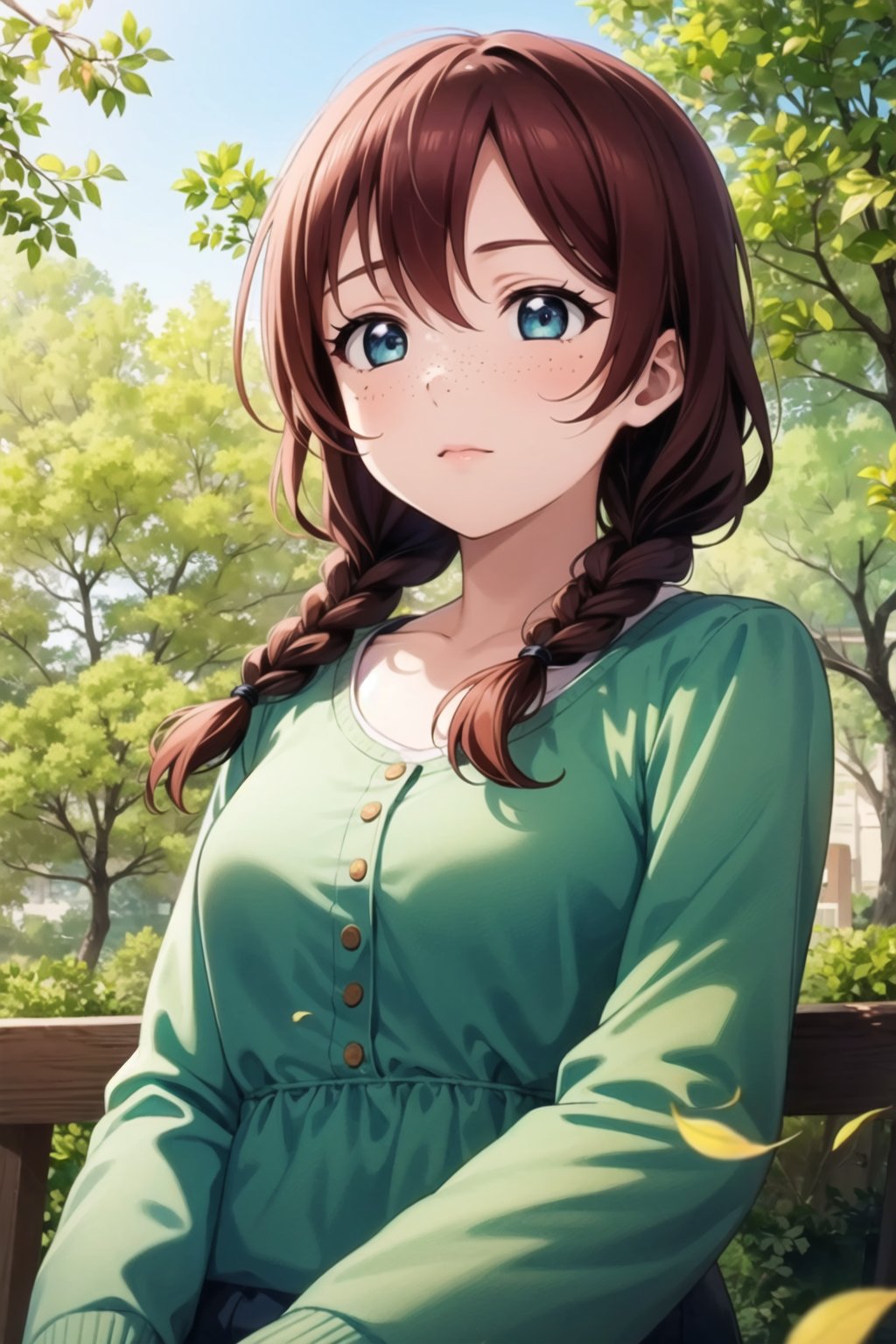 (masterpiece, best quality, ultra-detailed), (illustration), (beautiful detailed eyes), 1girl, solo, emma verde, brown hair, red hair,  blue eyes, twin braids, freckles, <lora:EmmaLL_v1.4:0.6>,outdoors, depth of field, falling leaves, green dress, closed mouth, looking away, 