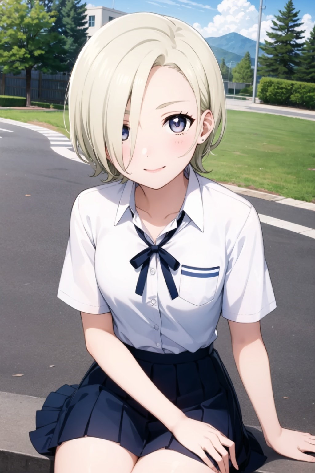 (masterpiece, best quality, ultra-detailed), (illustration), (beautiful detailed eyes), 1girl, solo, mia taylor, blonde hair, short hair, hair over one eye, small breasts,  <lora:MiaLL_v1.3-04:0.6>, outdoors, sitting, school uniform, collarbone, short sleeves,  nijigasaki academy school uniform