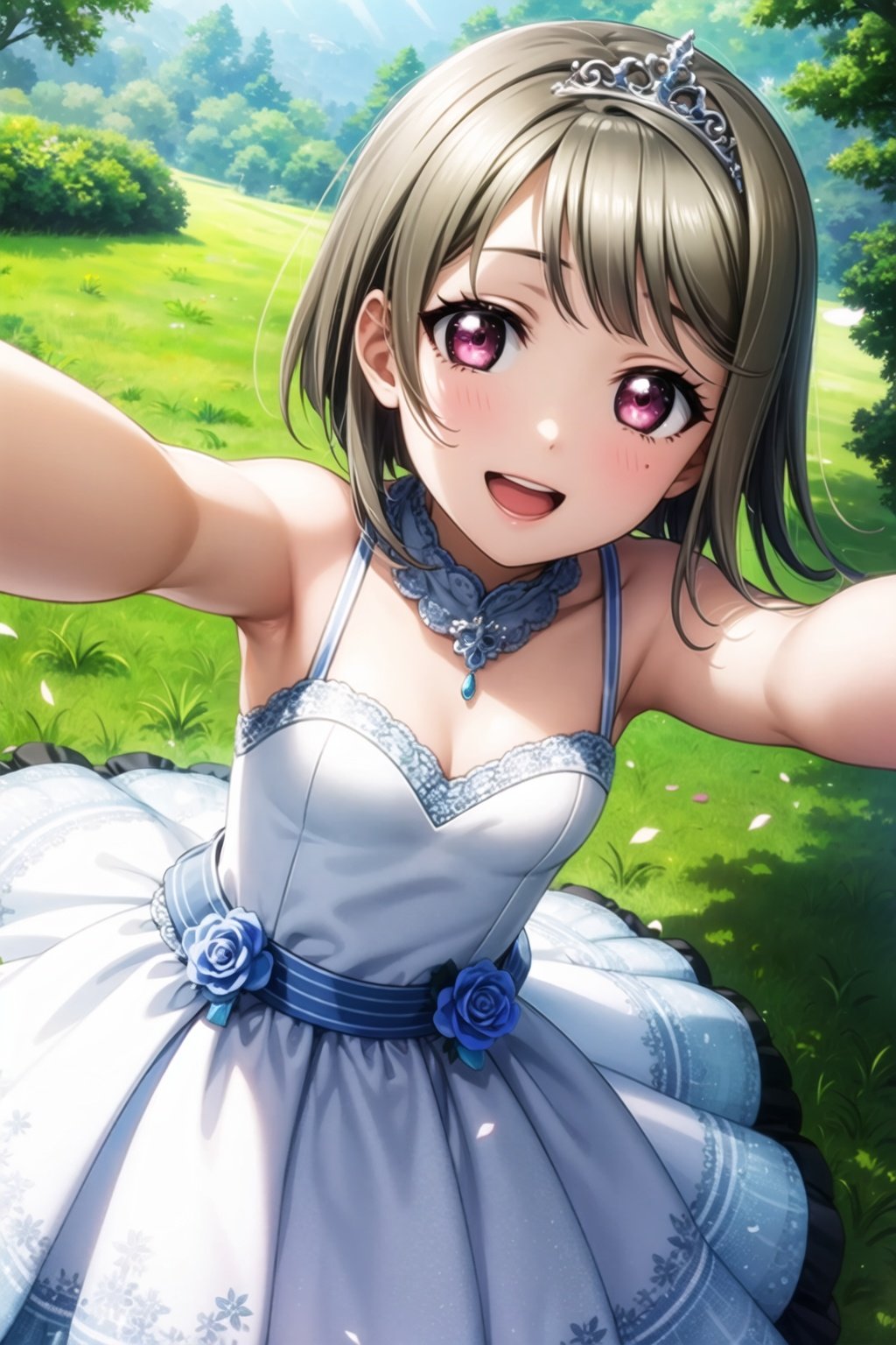 (masterpiece, best quality, ultra-detailed), (illustration), (beautiful detailed eyes), (1girl), (solo), nakasu kasumi, asymmetrical hair, short hair, small breasts, single sidelock, <lora:KasumiLL_v1.1:0.8>,outdoors, greenary, depth of field, tree, grass,  wedding dress, jewelry, tiara, looking at viewer, light smile, upper teeth, outstretched arms, falling petals,  <lora:add_detail:0.4>