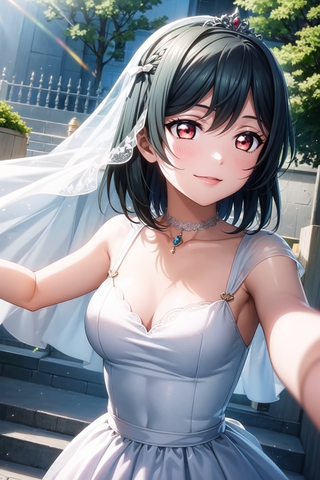 (masterpiece, best quality, ultra-detailed), (illustration), (beautiful detailed eyes), (1girl), (solo), mifune shioriko, short hair, dark green hair, ribbon, red eyes, <lora:ShiorikoLL_v1.1:0.65>,wedding dress, veil, tiara, smile, outstretched arms, outdoors, greenary, depth of field,  <lora:add_detail:0.4>