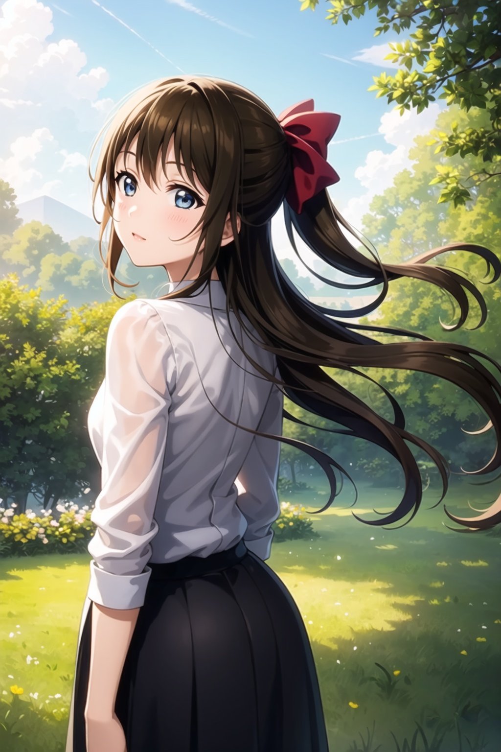 (masterpiece, best quality, ultra-detailed), (illustration), (beautiful detailed eyes), 1girl, solo, ousaka shizuku, long hair, hair bow, sidelocks, half updo, <lora:ShizukuLL_v1.2:0.65>,outdoors, greenary, from behind, looking away, cowboy shot, 