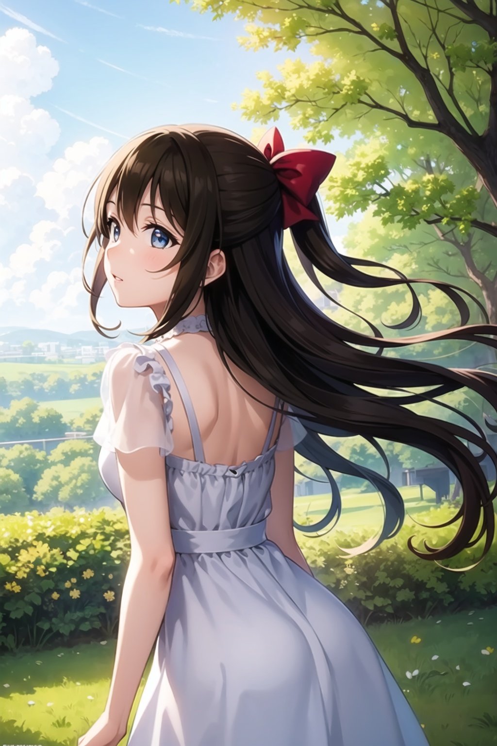 (masterpiece, best quality, ultra-detailed), (illustration), (beautiful detailed eyes), 1girl, solo, ousaka shizuku, long hair, hair bow, sidelocks, half updo, <lora:ShizukuLL_v1.2:0.55>,outdoors, greenary, from behind, looking away, cowboy shot, 