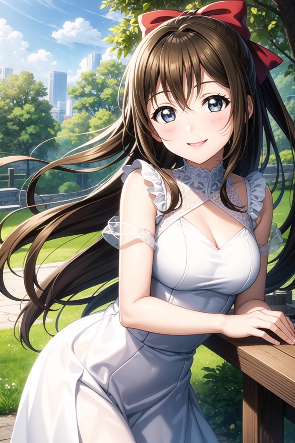 (masterpiece, best quality, ultra-detailed), (illustration), (beautiful detailed eyes), 1girl, solo, ousaka shizuku, long hair, hair bow, sidelocks, half updo, <lora:ShizukuLL_v1.2:0.6>,outdoors, greenary, dress, looking at viewer, smile,  cowboy shot,  <lora:add_detail:0.4>