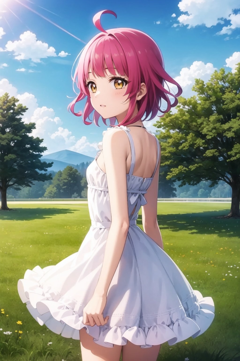 (masterpiece, best quality, ultra-detailed), (illustration), (beautiful detailed eyes), 1girl, solo, tennouji rina, short hair, pink hair, ahoge, flat chest, <lora:RinnaLL_v1:0.6>,dress, outdoors, cowboy shot, from behind, facing away, 