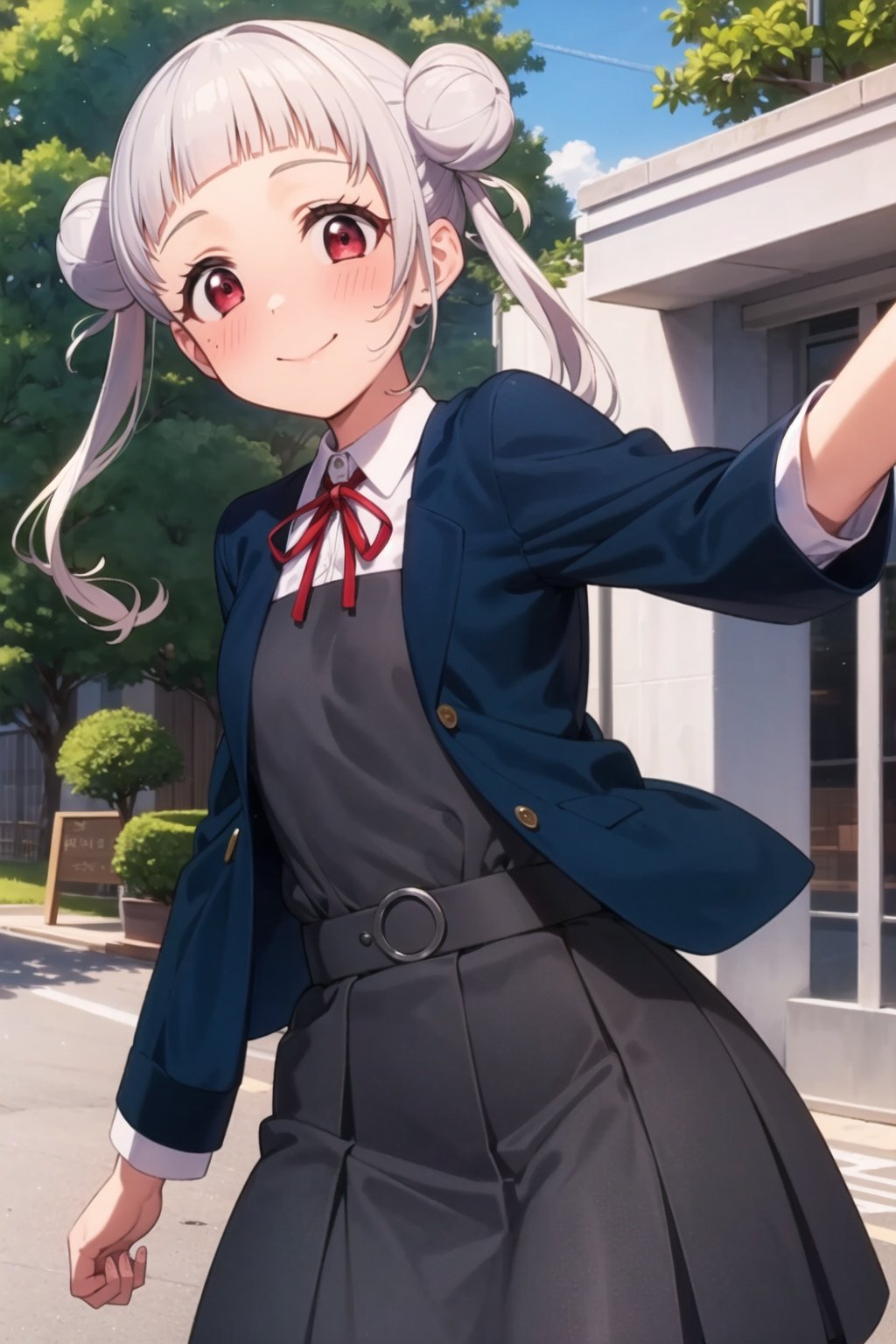 (masterpiece, best quality, ultra-detailed), (illustration), (beautiful detailed eyes), (1girl), (solo), arashi chisato, white hair, double bun, red eyes, single sidelock, small breasts, <lora:ChisatoLL_v1.1:0.8>,outdoors, greenary, depth of field,shirt, dress, ribbon, school uniform, jacket, white shirt, open clothes, collared shirt, open jacket, red ribbon, neck ribbon, blue jacket, pinafore dress, grey dress, yuigaoka school uniform,standing, smile, blush, looking at viewer, closed mouth, cowboy shot,